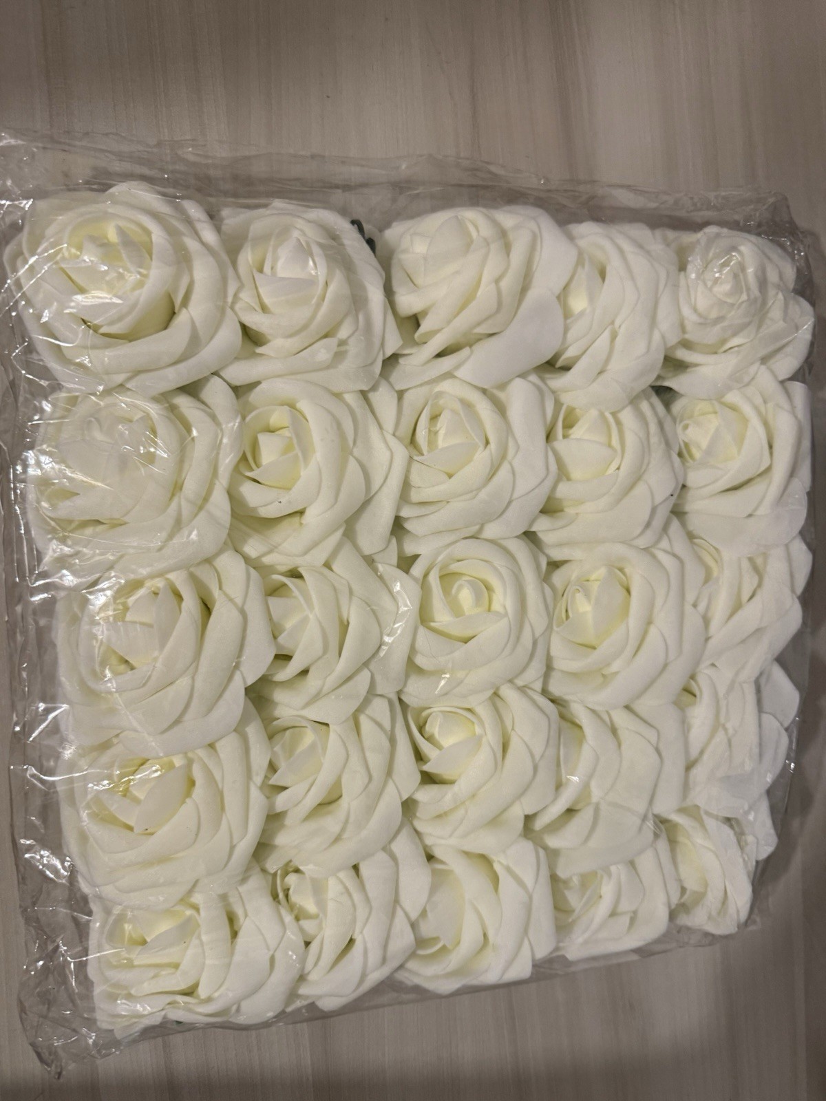 25 White Faux Rose Flowers With Wire Stems, Foam Material