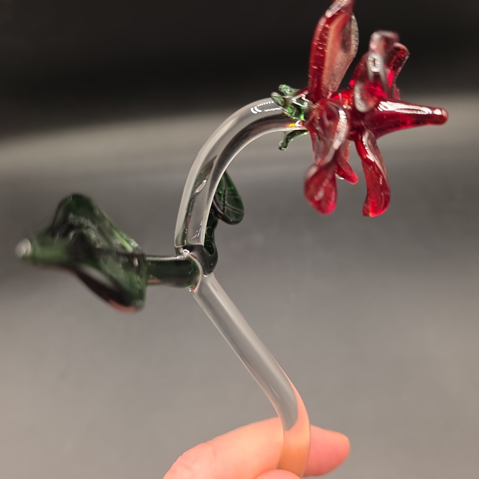 Glass Long Stem Red Rose with Green Leaves 10″ Applied Blown