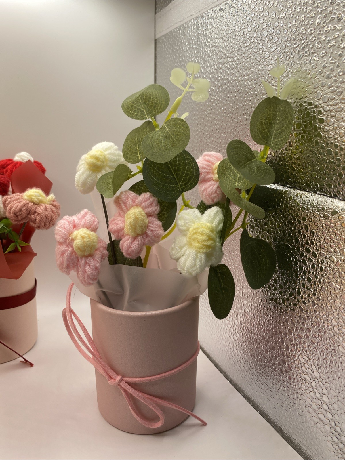 Crochet Flower Bouquet Handmade Yarn Artificial Flower (pink, Red, or Yellow)
