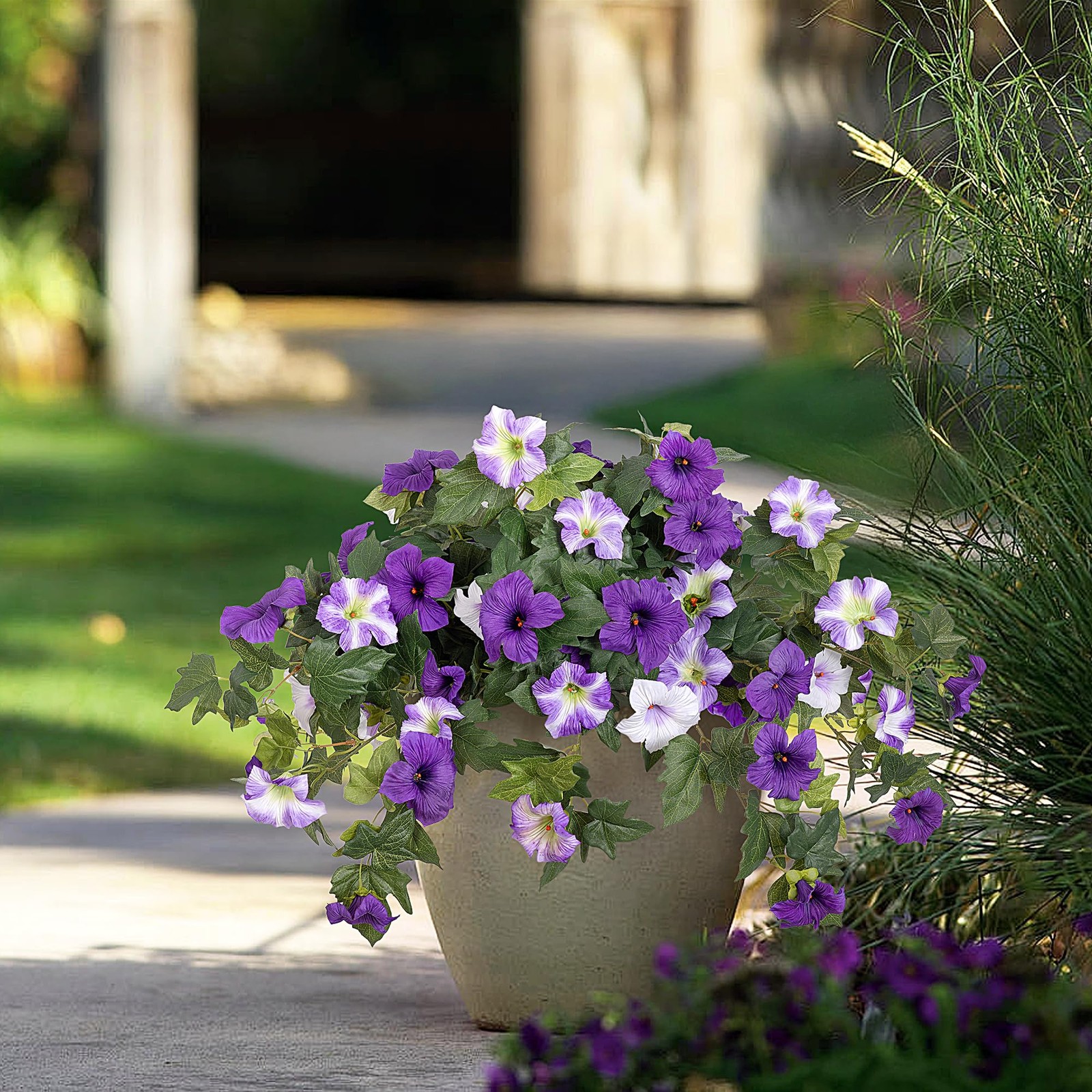 Artificial Fake Flowers 2PCS Faux Petunias Silk UV Resistant Purple White Decor