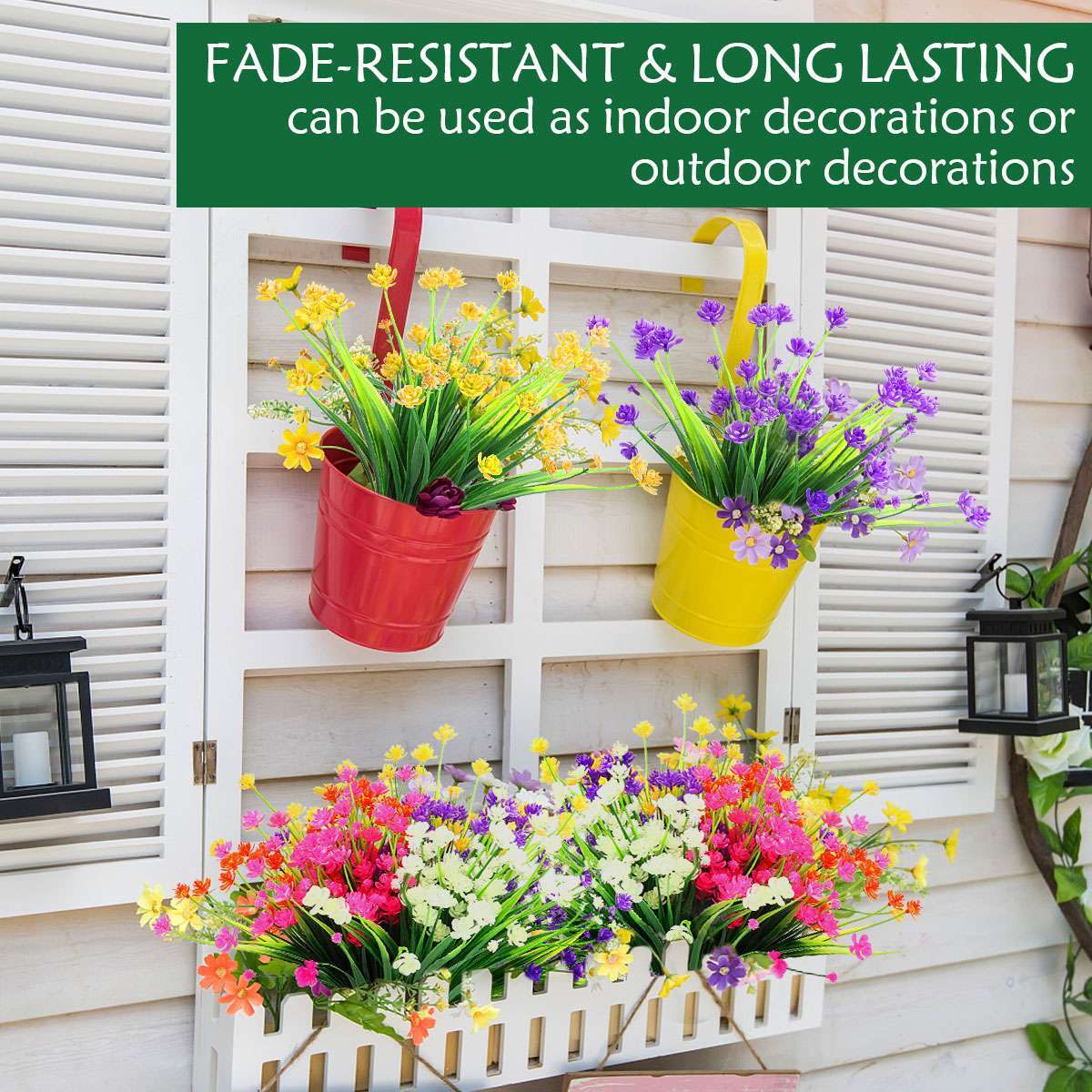 2 Bundles Artificial Fake Plastic Flowers for Outdoor Decoration UV Resistant