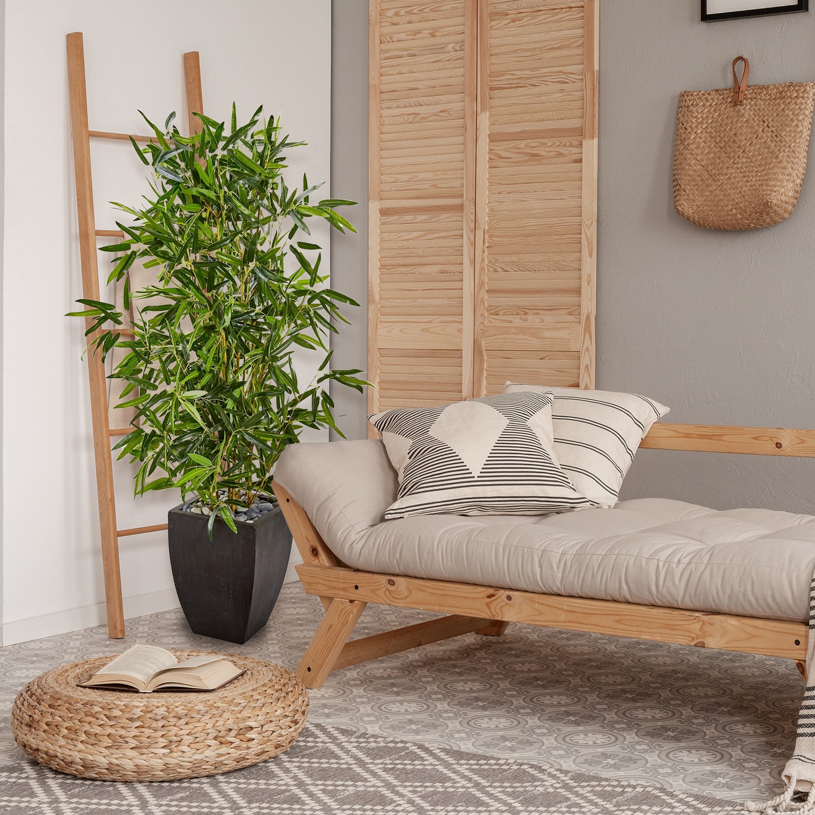 Nearly Natural 5ft Bamboo Tree in Black Planter (Real Touch) UV Resistant