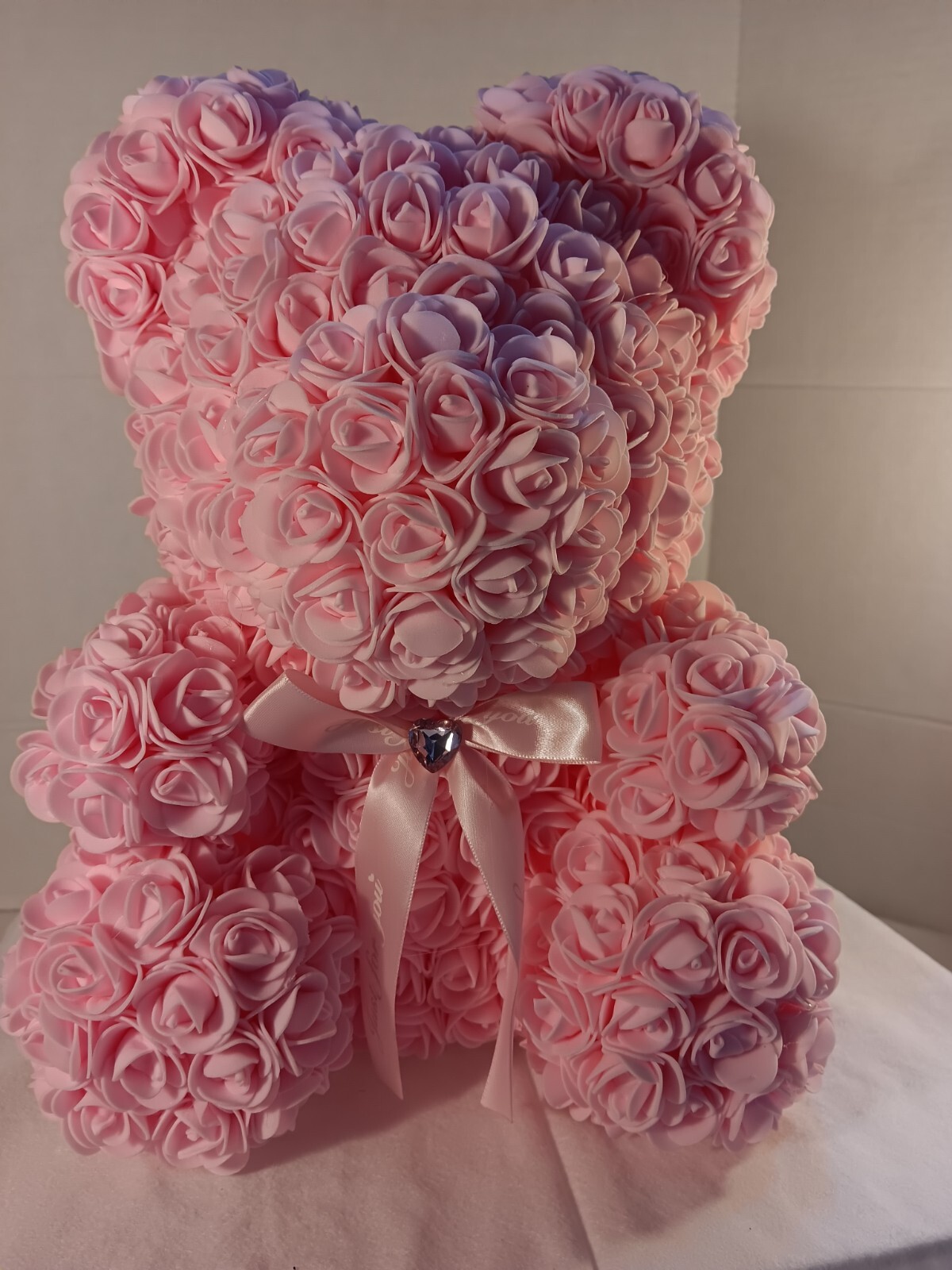Pink Rose Teddy Bear – Artificial Foam Flower Bear with Bow – 11″ Romantic Gift
