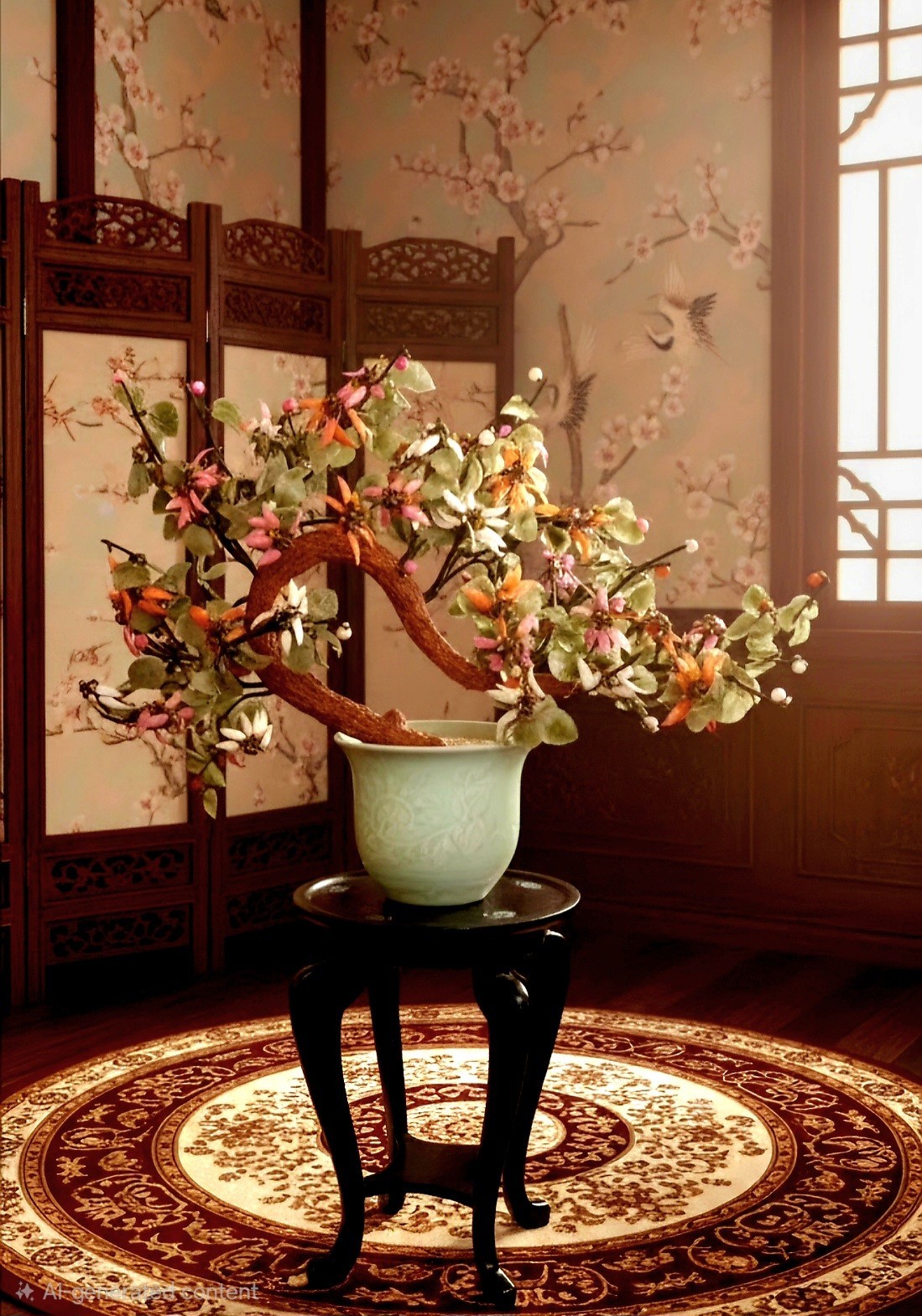 Vintage Chinese Jade Glass Hardstone Flower Bonsai Tree Celadon Vase Chipped