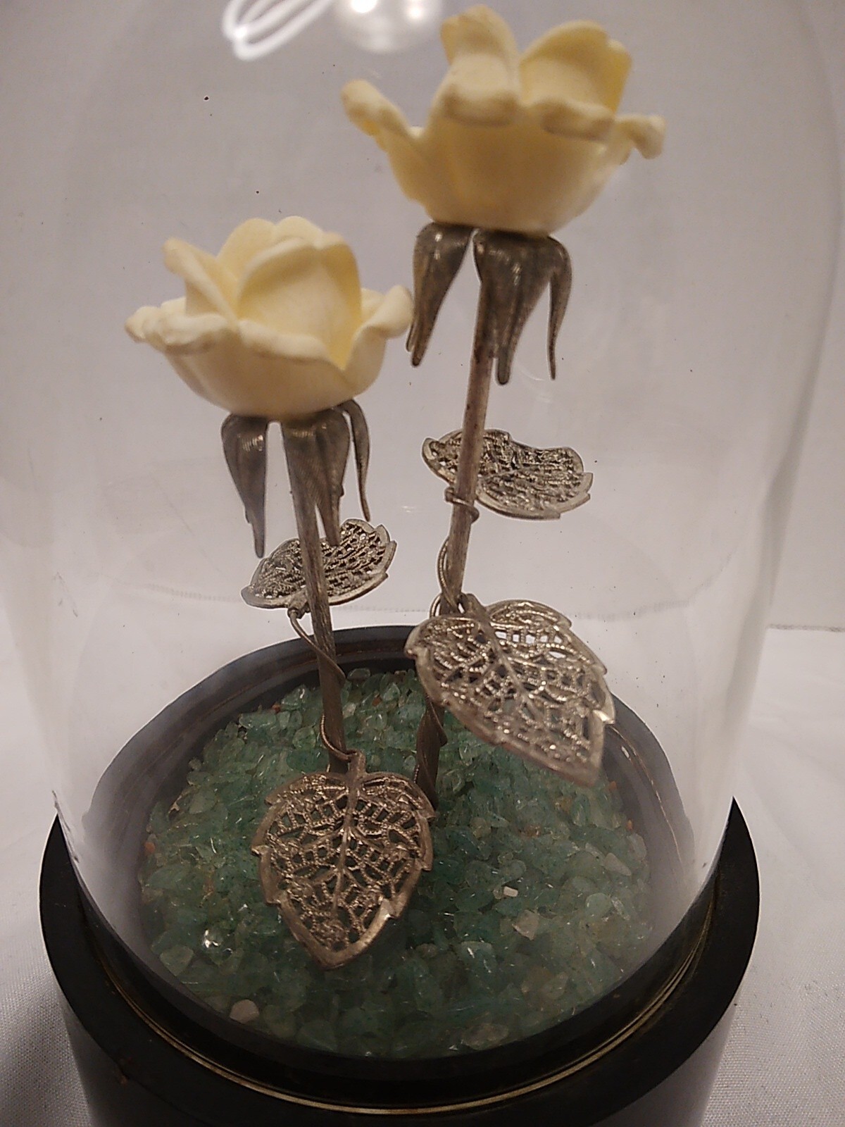 Glass Dome Display With Porcelain Roses On Silver Stems Wood Base NEEDS CLEANING