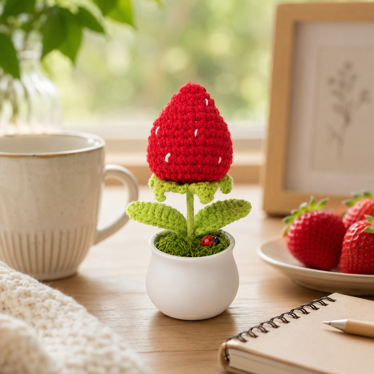 Red Strawberry Tulip Crochet Mini Potted Desk Shelf Decor Ladybug Detail