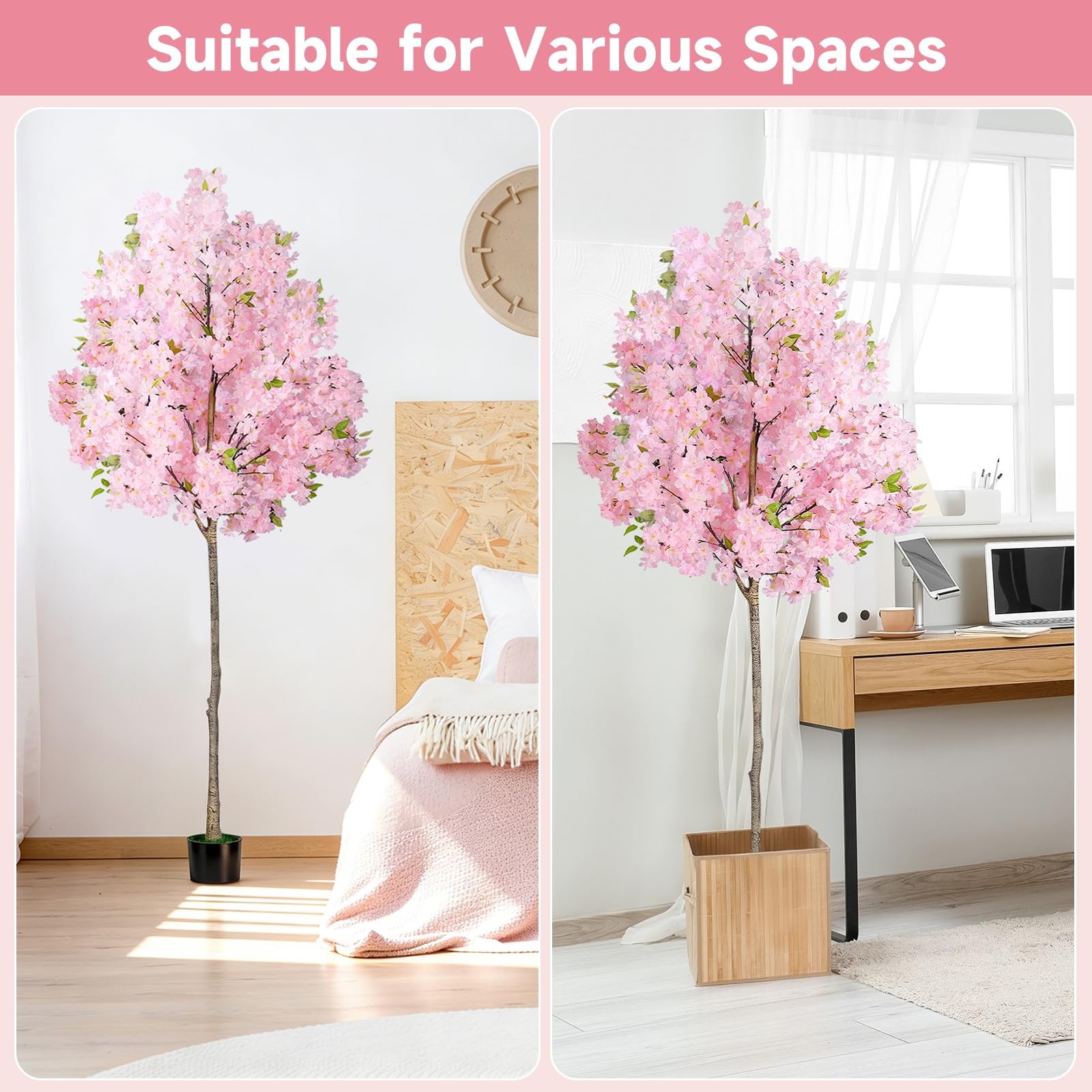 6FT Pink Artificial Cherry Blossom Tree, Realistic Potted Faux Cherry Tree, S…