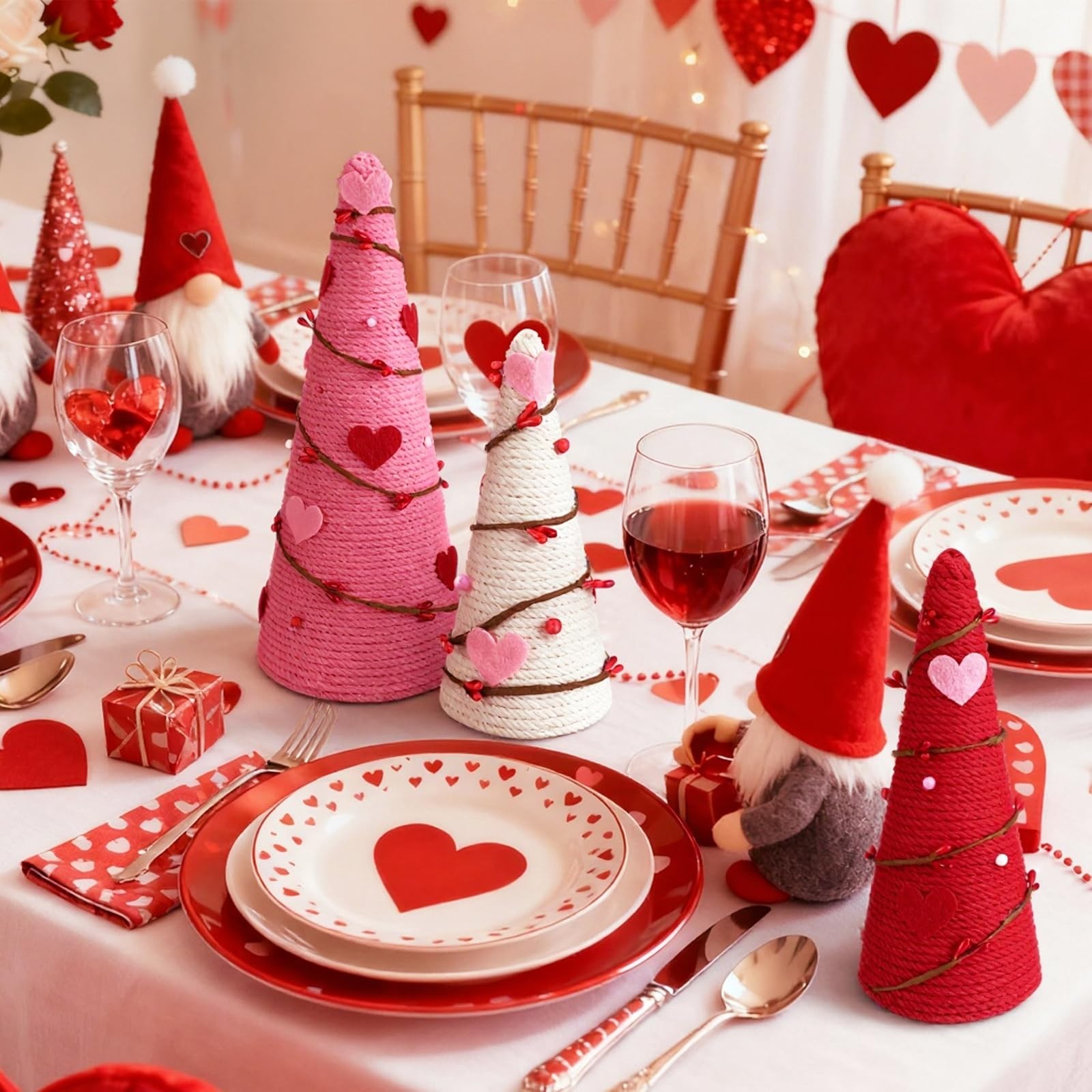 3 PCS Valentine Tree Table Decor Artificial Cone Heart Red Pink White
