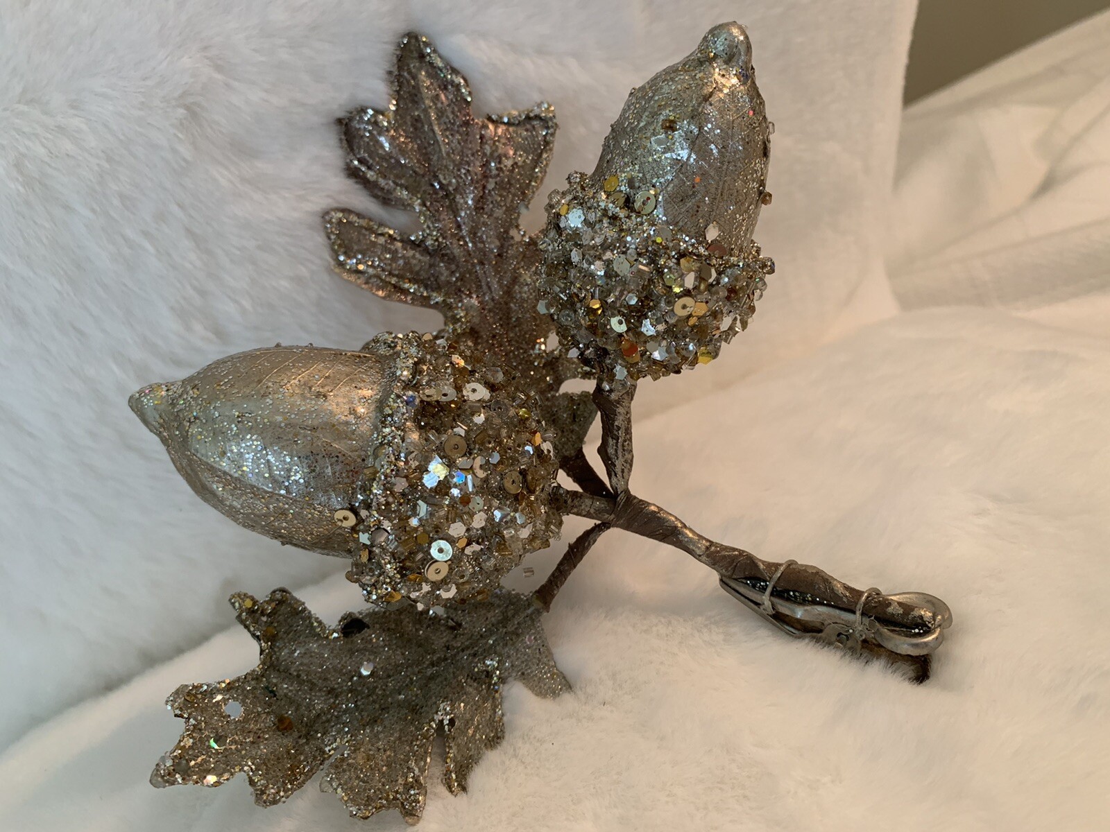 Double Acorn Cluster Clip Floral Decor Platinum Jewel Glitter Christmas Wedding
