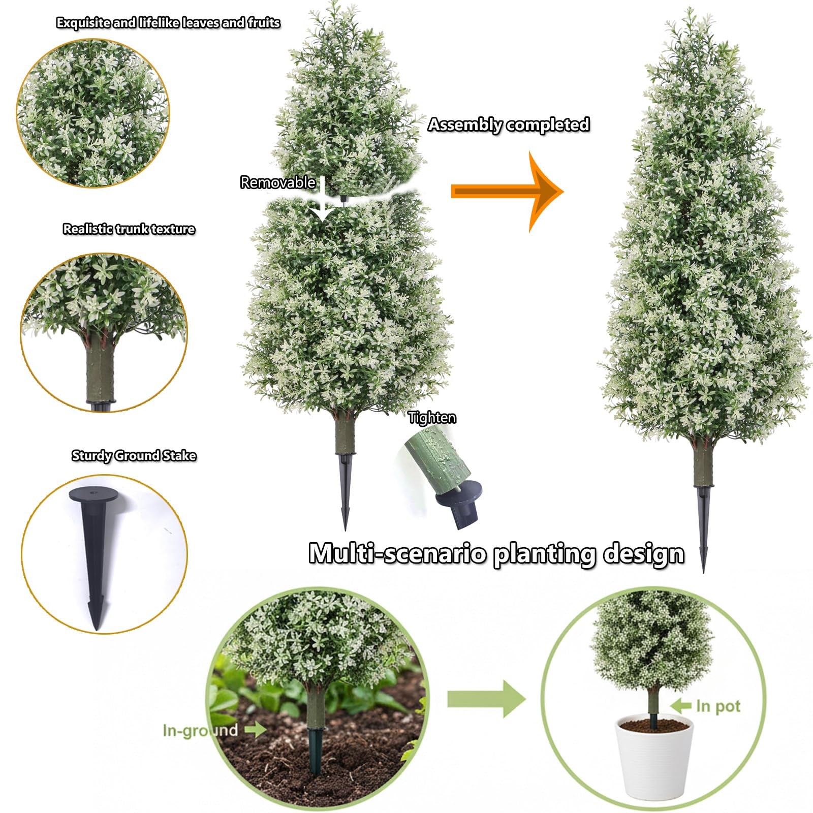 3 Ft Boxwood Topiary Set of 2, Outdoor Fake White Trees, Lifelike Faux Topiar…
