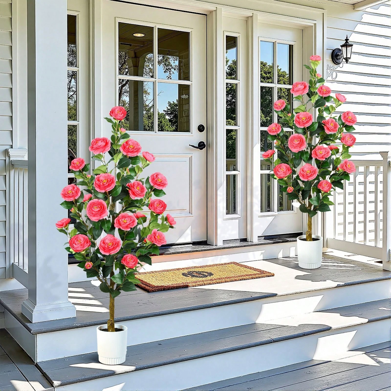 2 Pack 3FT 4FT Artificial Camellia Trees Orange Faux Potted Plants