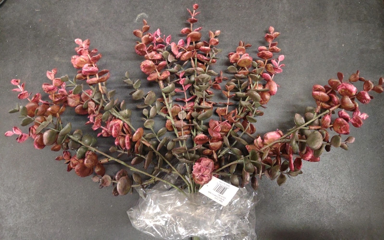 Plastic Spiral Eucalyptus Bush, Deep Moss Green & Dark Red, 6 Stem 13″ Baby Euc