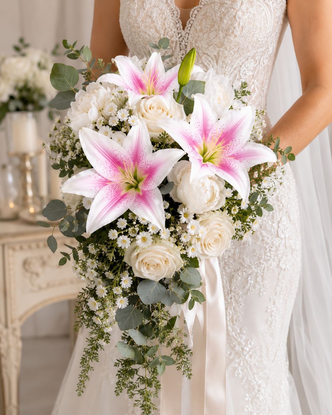 Real Touch Blush Pink Stargazer Lily Stems Set of 2, Artificial Lily Flowers, Fa
