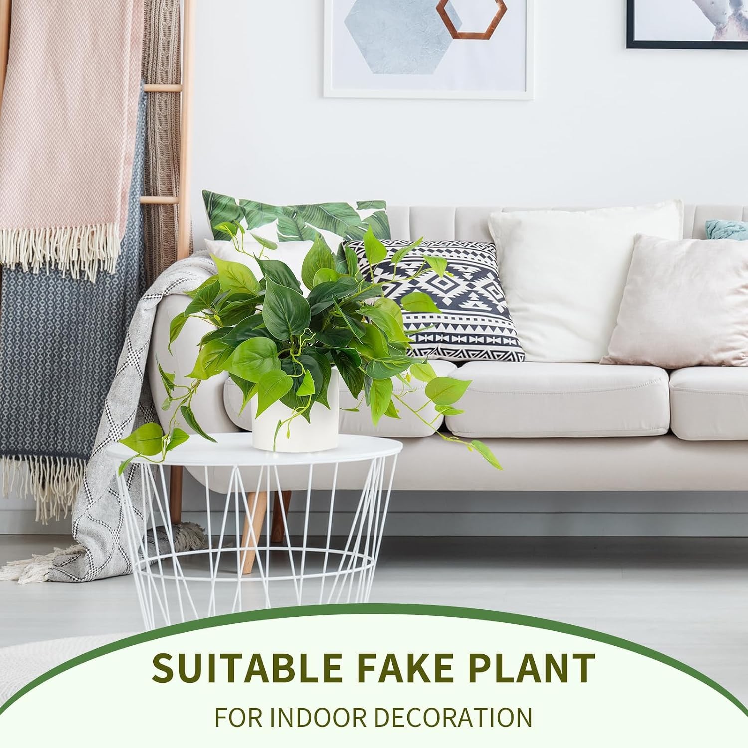 Small Faux Pothos Plant, Indoor Pot with White Ceramic for Shelf Decor