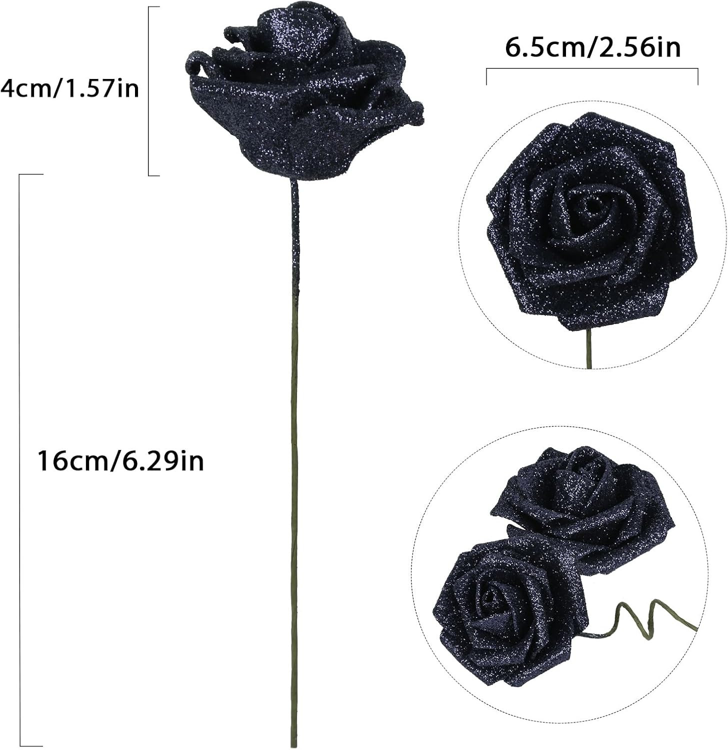 Glitter Roses 30Pcs 2.56″ Artificial Grey Black Roses with Stems for Baby Shower