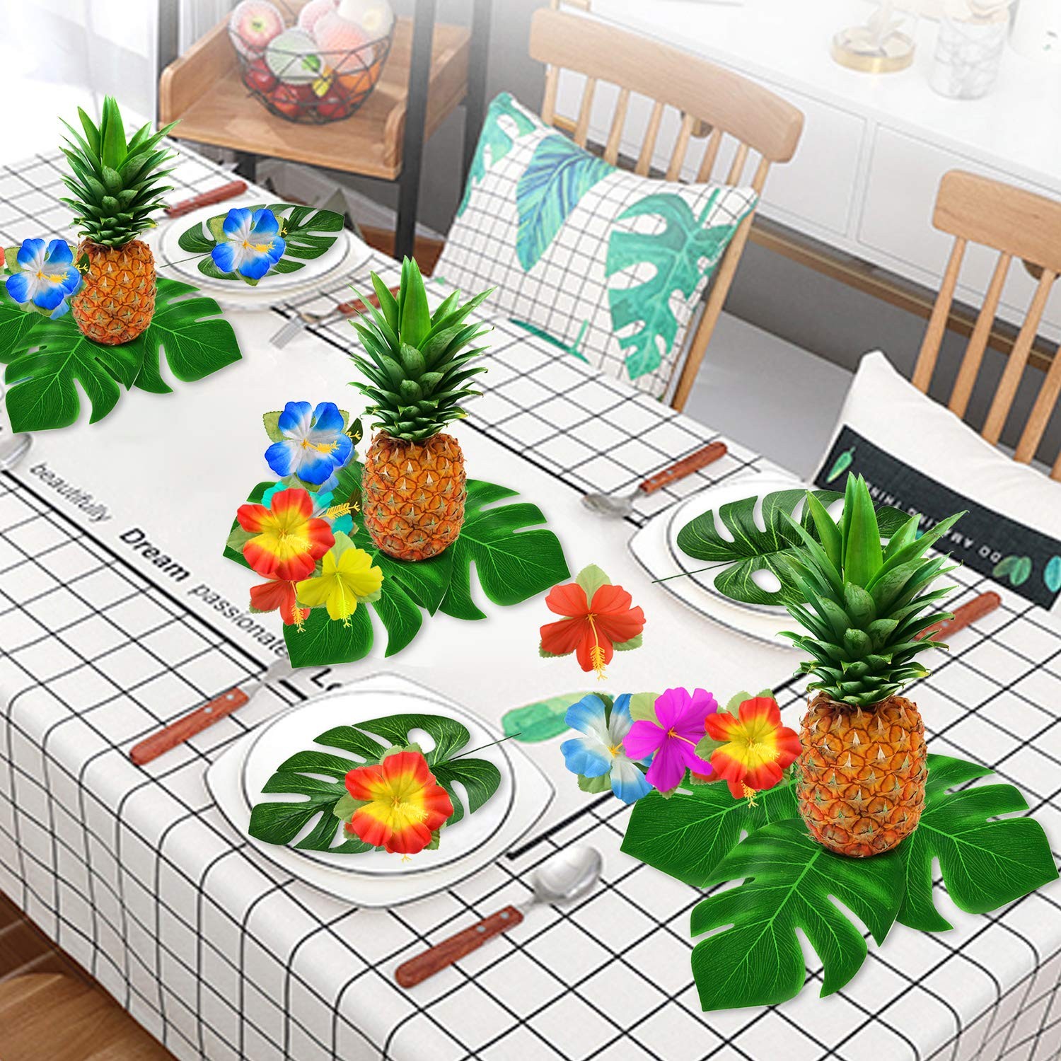 60 PCS Artificial Hibiscus Flowers Tropical Palm Leaves Luau Party Decor