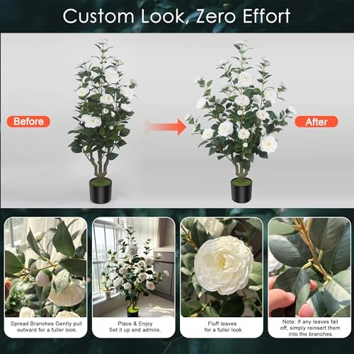 2Pack 39.37in Artificial Camellia Trees Cement Pots White