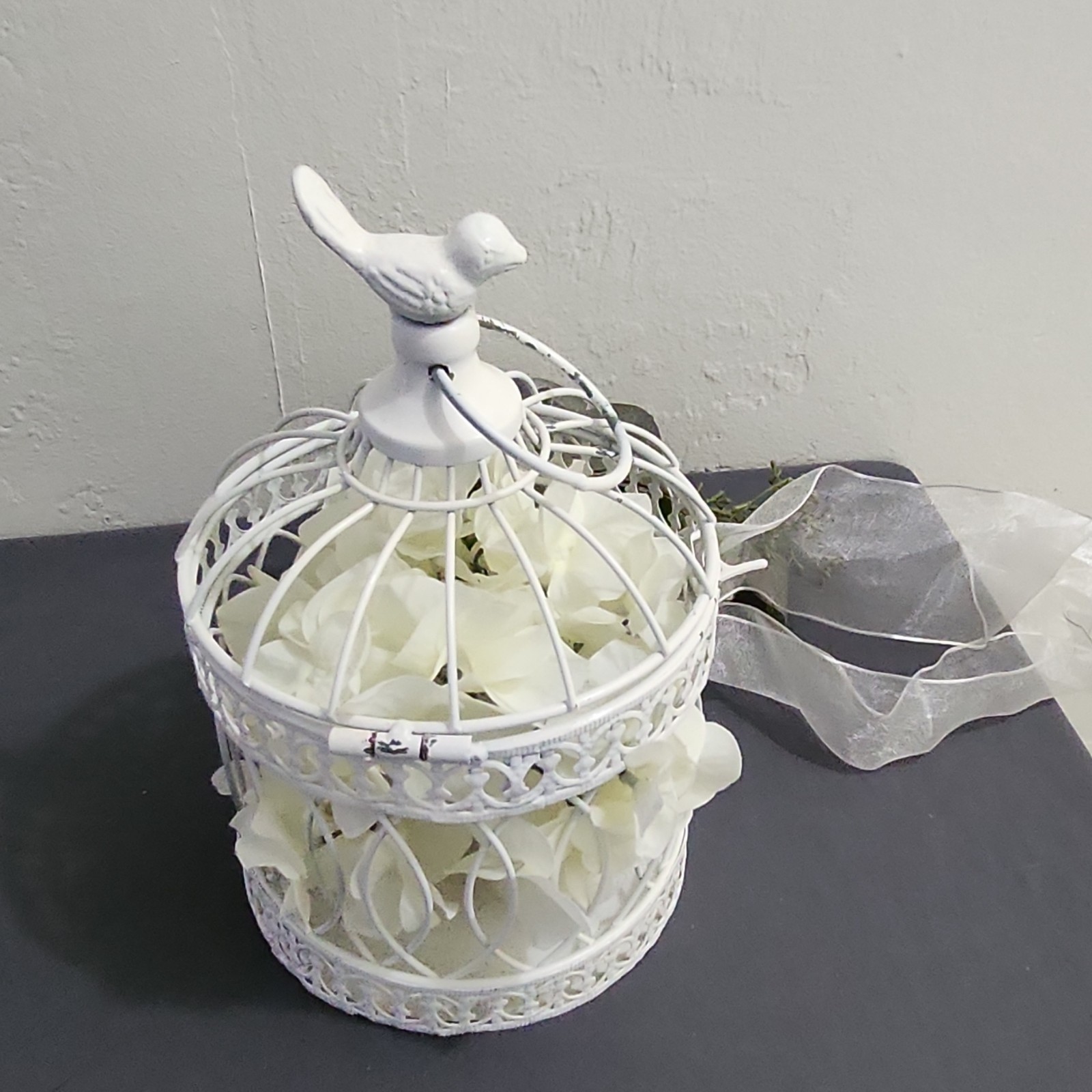 White Birdcage Centerpiece with Artificial Hydrangea, Ribbon, 2 Pack