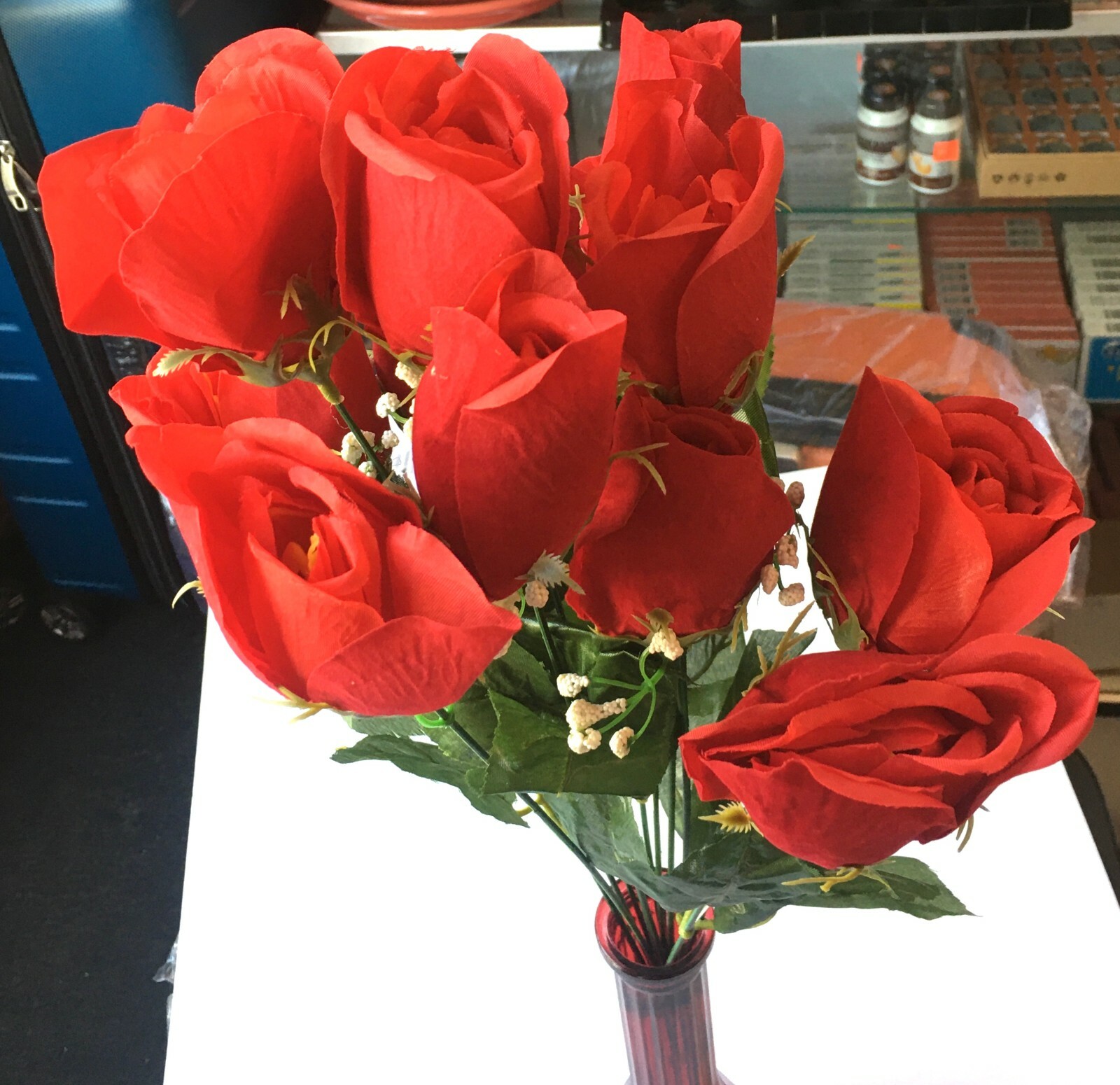 Artificial Red Rose Silk Flowers 12 Flower Head Floral Fake Valentines Red Rose