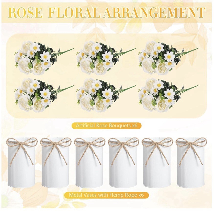 White Rose Centerpiece with Vase Set of 6 Table Decor Wedding Party Artificial