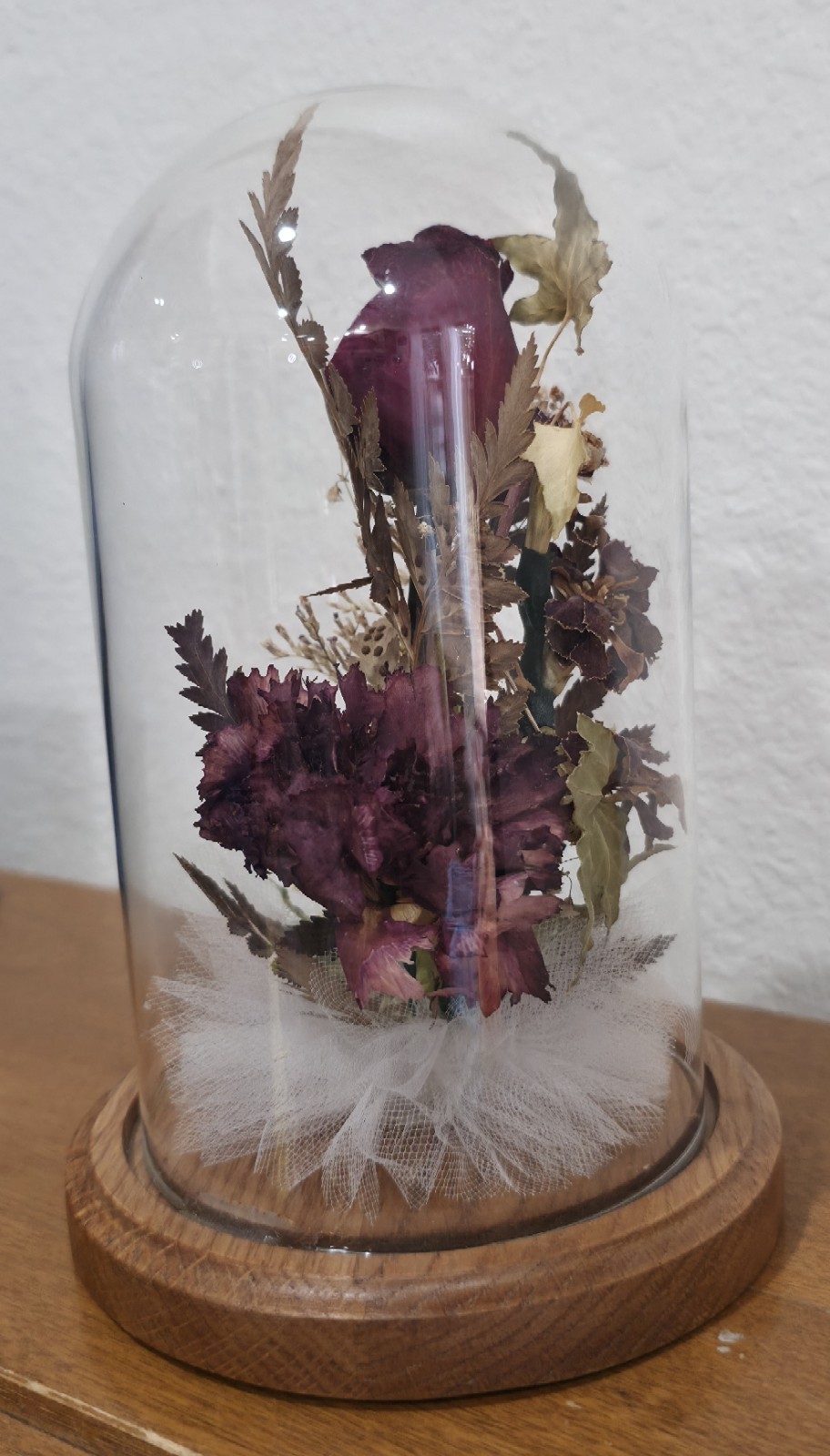 Vtg Dried Flowers Rose In Glass Dome W Wood Base 8 X 5in