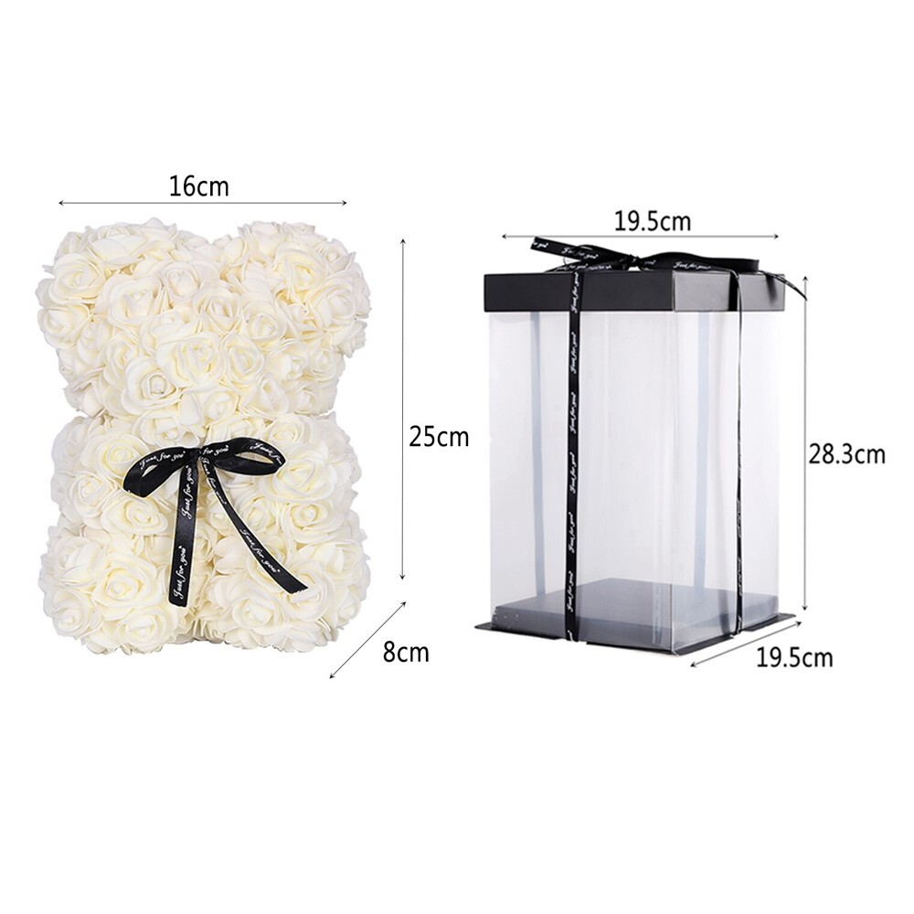 2023 Milky White Rose Flower Teddy Bear with Gift Box 25cm Valentines /Birthday