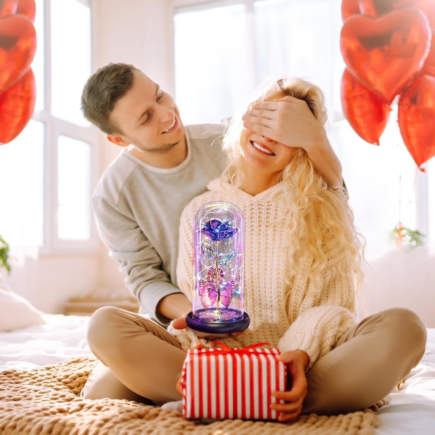 Crystal Flower Light Up Rose in Glass Dome with Butterfly | Valentine Gifts