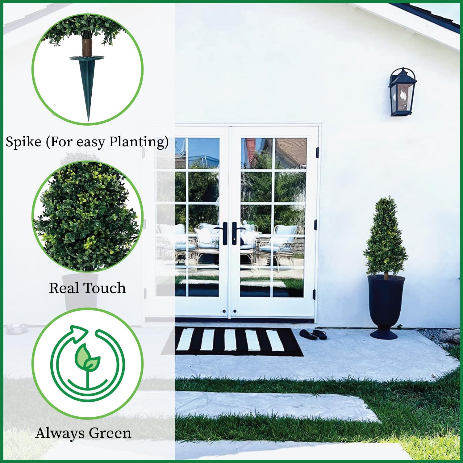 Two Artificial UV Rated 30” Boxwood Cone Topiary w/Spike, Indoor Outdoor Tre…