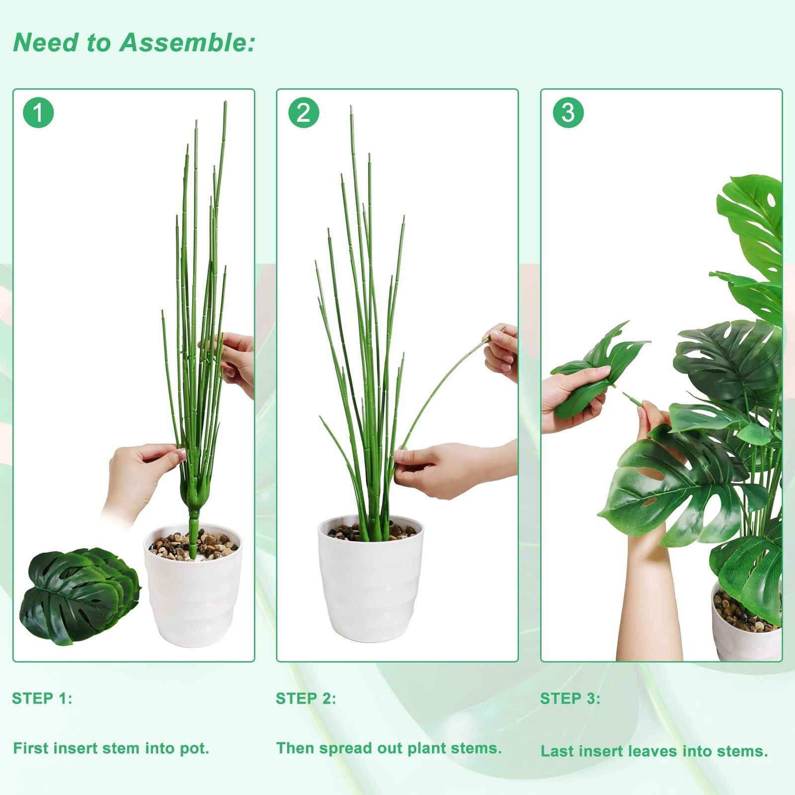 Set of 2 Artificial Monstera Deliciosa Plants in Pots, Fake Tropical Palm Tre…