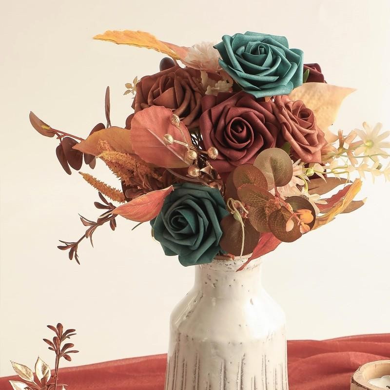 25pcs Dark Teal Foam Roses with Stems Artificial Flowers for Diy Wedding Decor