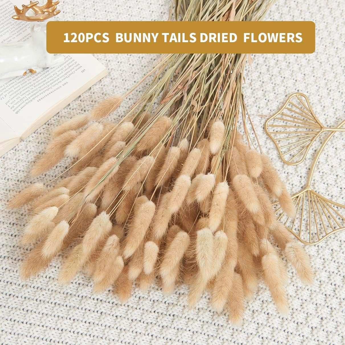 120Pcs 17″ Bunny Tails Dried Flowers Brown Pampas Grass Natural Rabbit Tail Gras