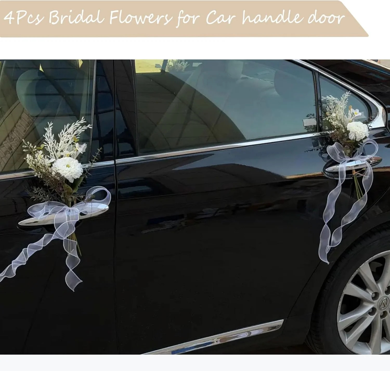 4pcs White Rose Wedding Car Decorations – Romantic Just Married Floral Accent fo