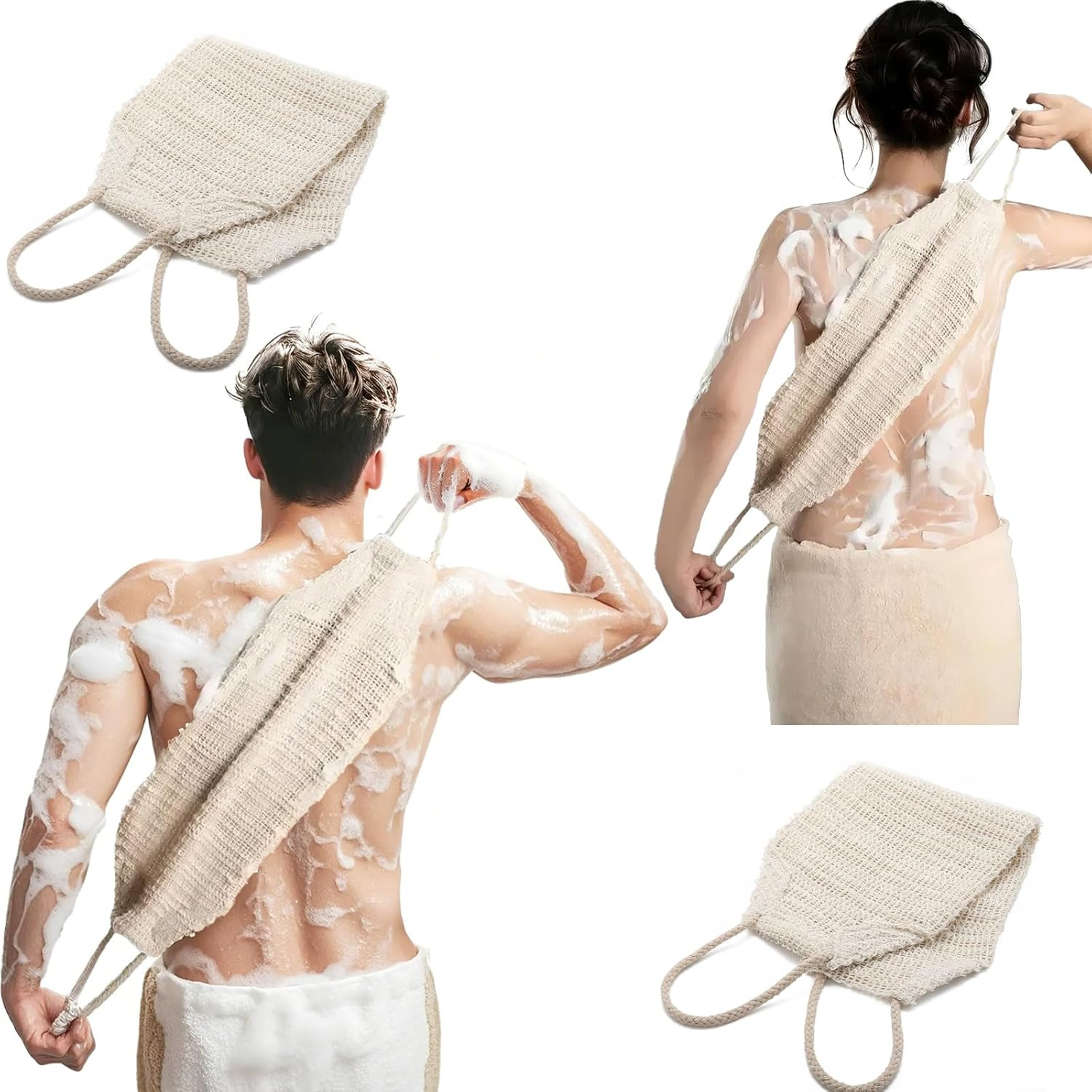 Natural Sisal & Ramie Exfoliating Back Scrubber for Shower with Handle – Deep…