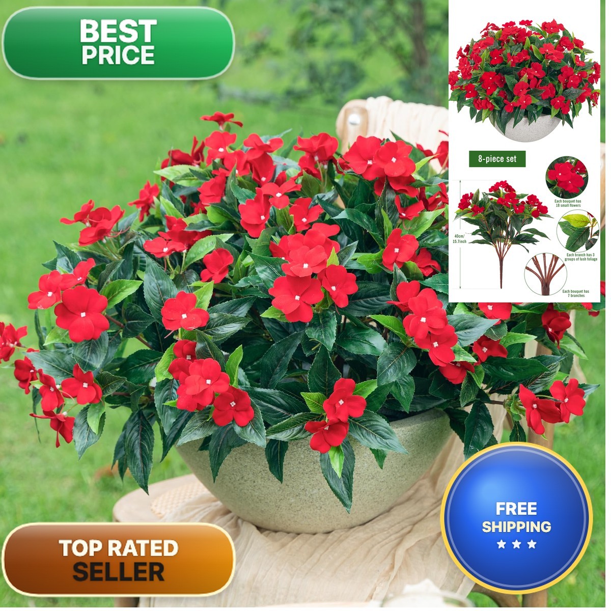 Uqueeten15.7 Fake Flowers Artificial Flowers Outdoor,Silk Artificial Impatiens