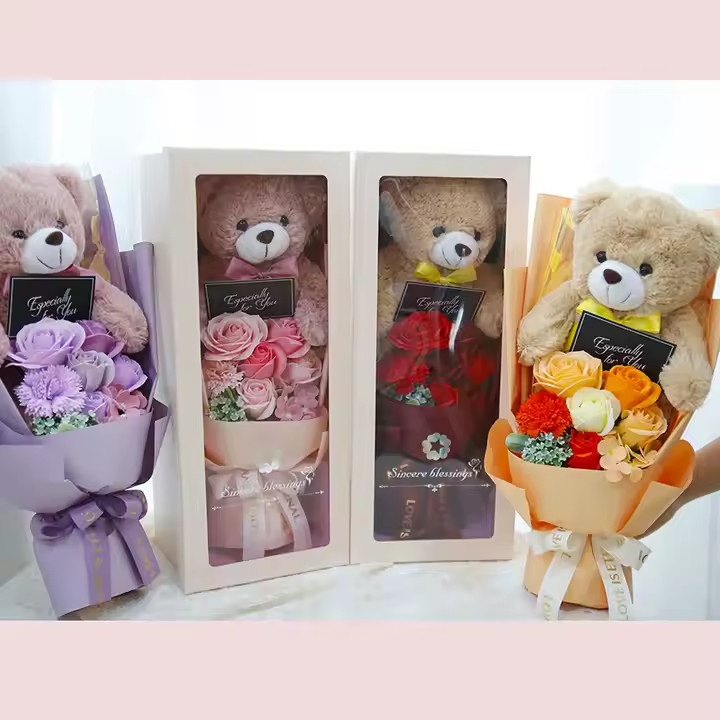 Plush Teddy Bear Bouquet Gifts Soap Rose Flower Gift Box w/ LED Valentine’s Day