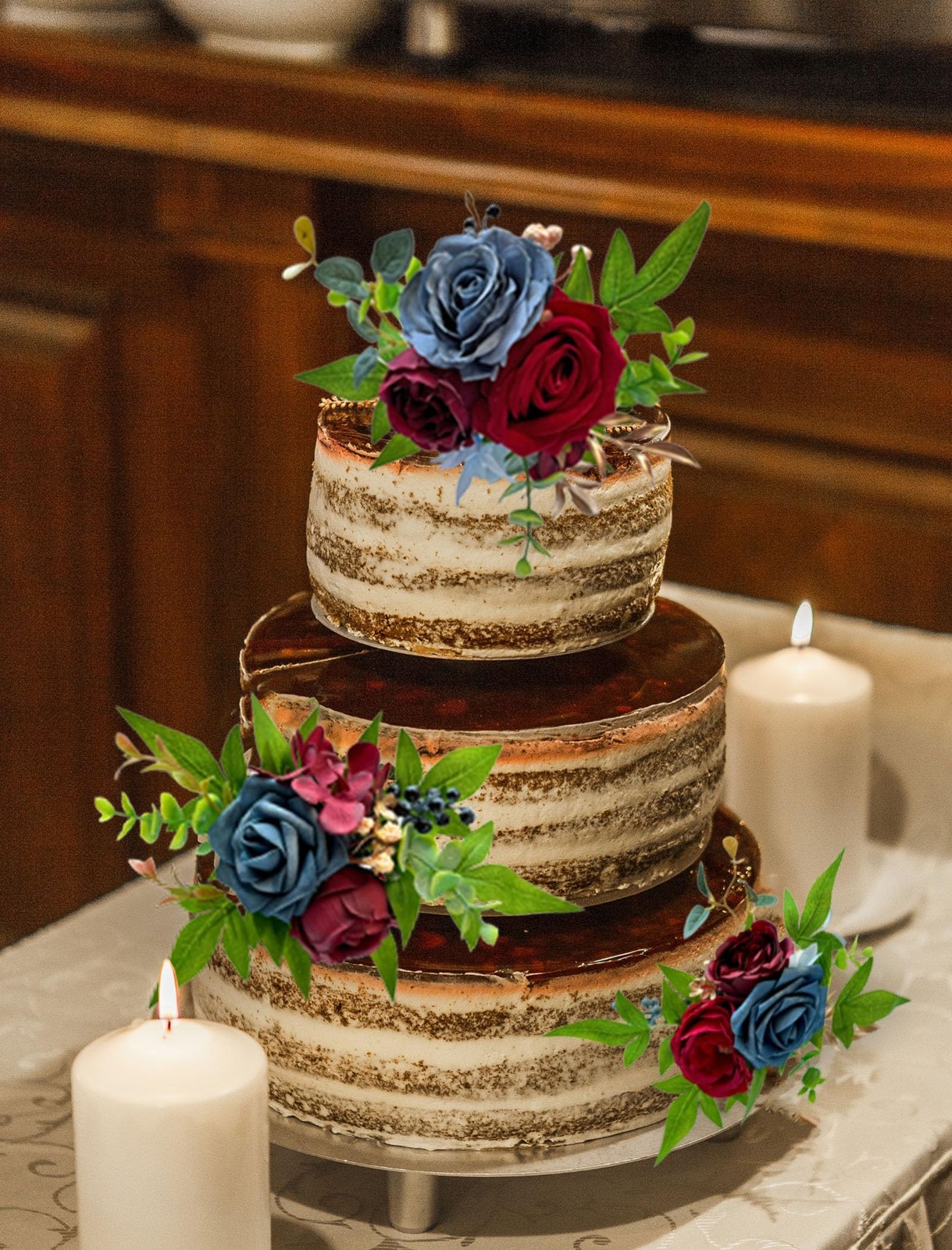 CherishedMoments 3Pcs Pre-Made Cake Flowers,Burgundy Wedding Cake Decor