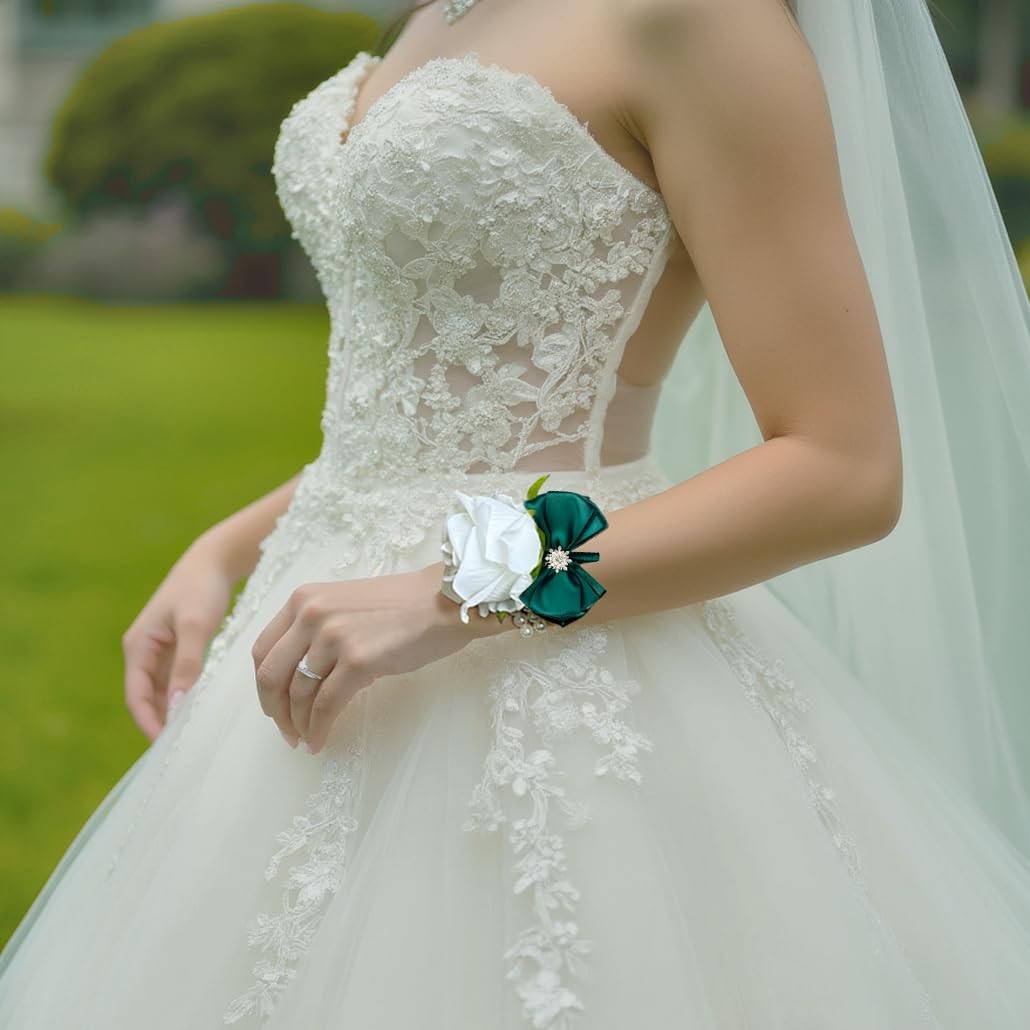 Corsage Boutonniere Wedding Prom Artificial Flower Wristlet Pearl Green White