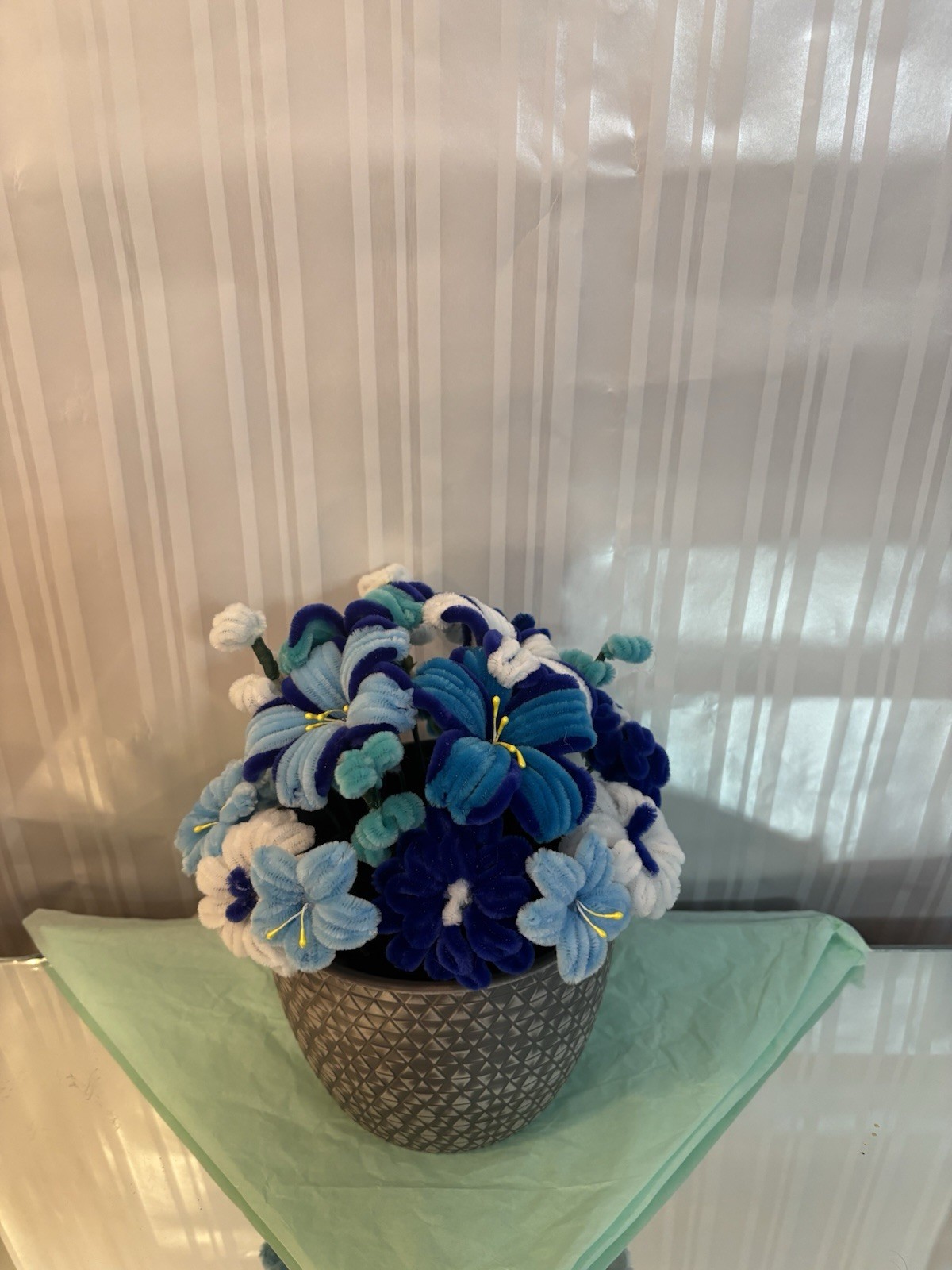 Artificial Mixed Floral Centerpiece in Decorative Pot, Blue/White/Green