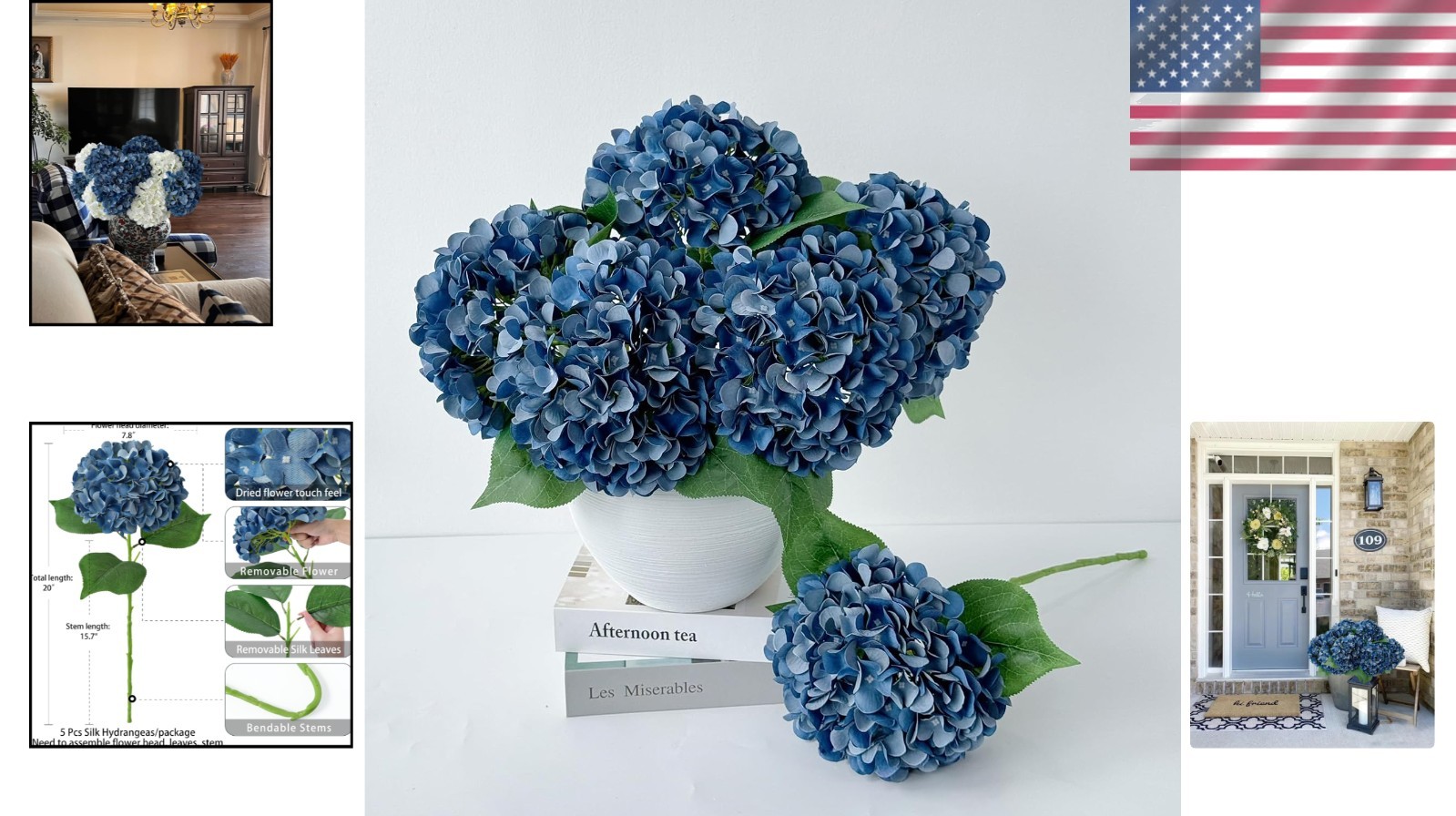 5 Pcs Dark Blue Silk Hydrangeas – 20” Faux Flowers for Elegant Home Decor