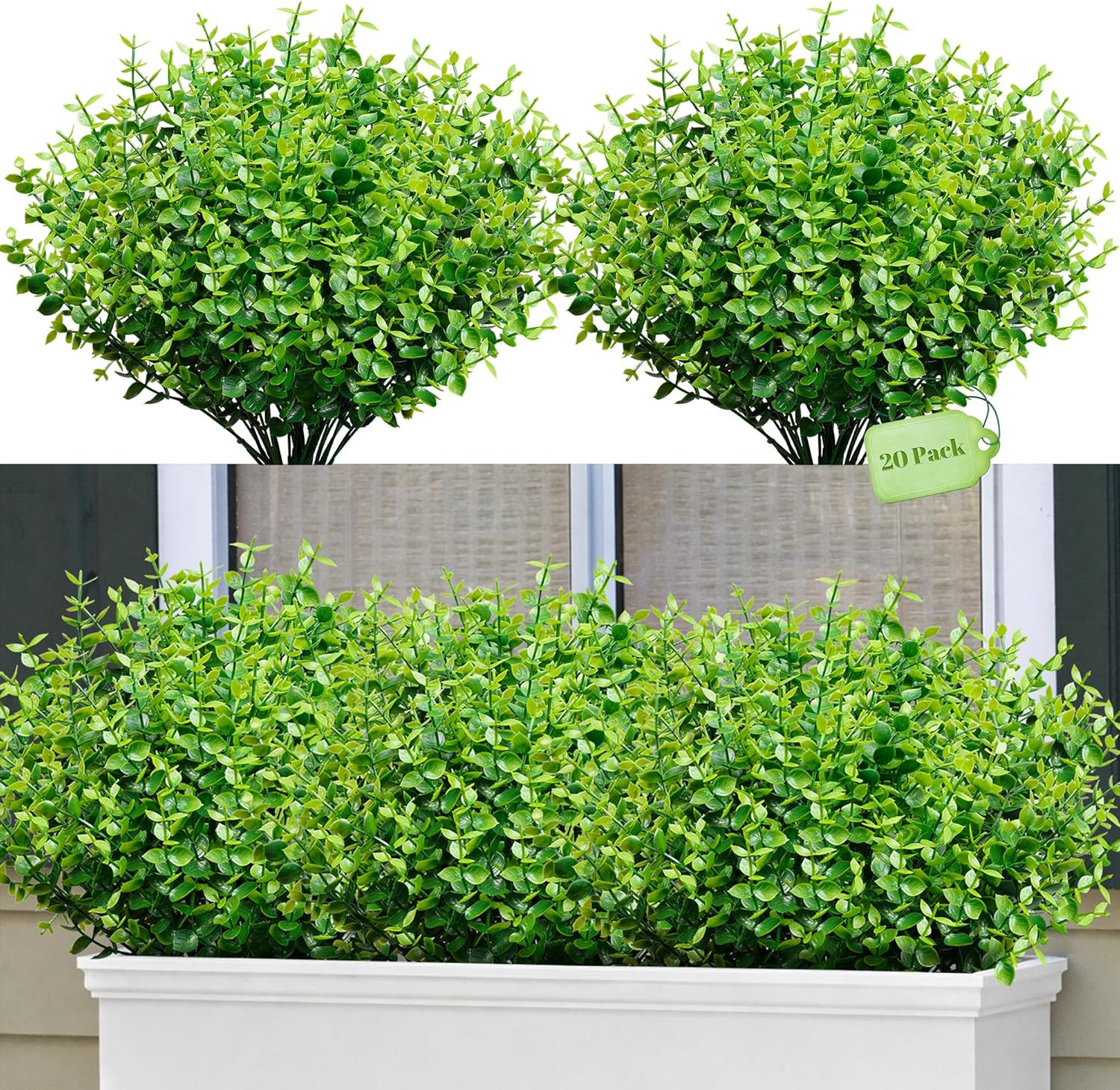 20 Bundles Artificial Greenery Boxwood Stems Outdoor UV Resistant, Fake Plastic