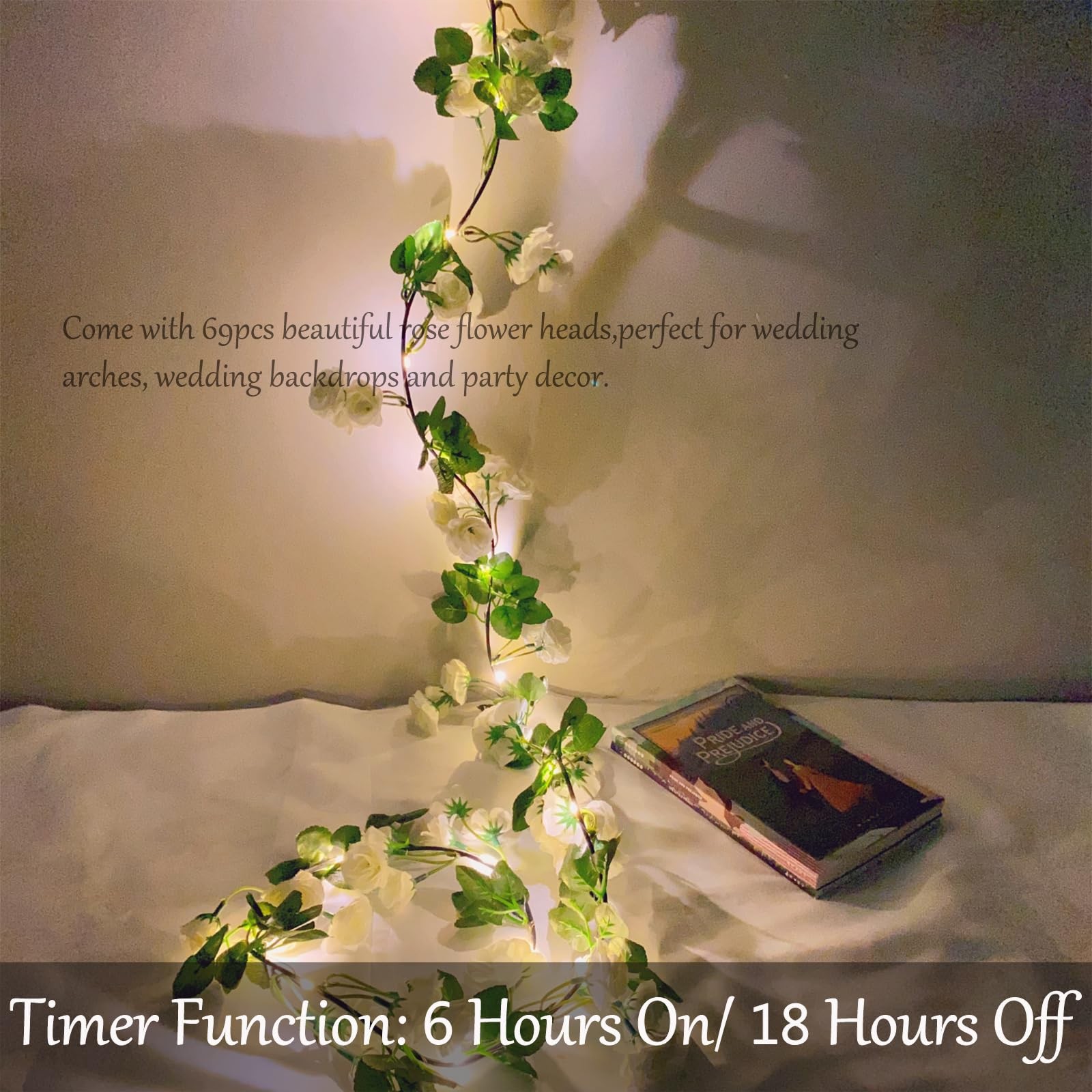 20 LED Rose Flower String Lights with Timer, 6FT Artificial Flower Garland wi…