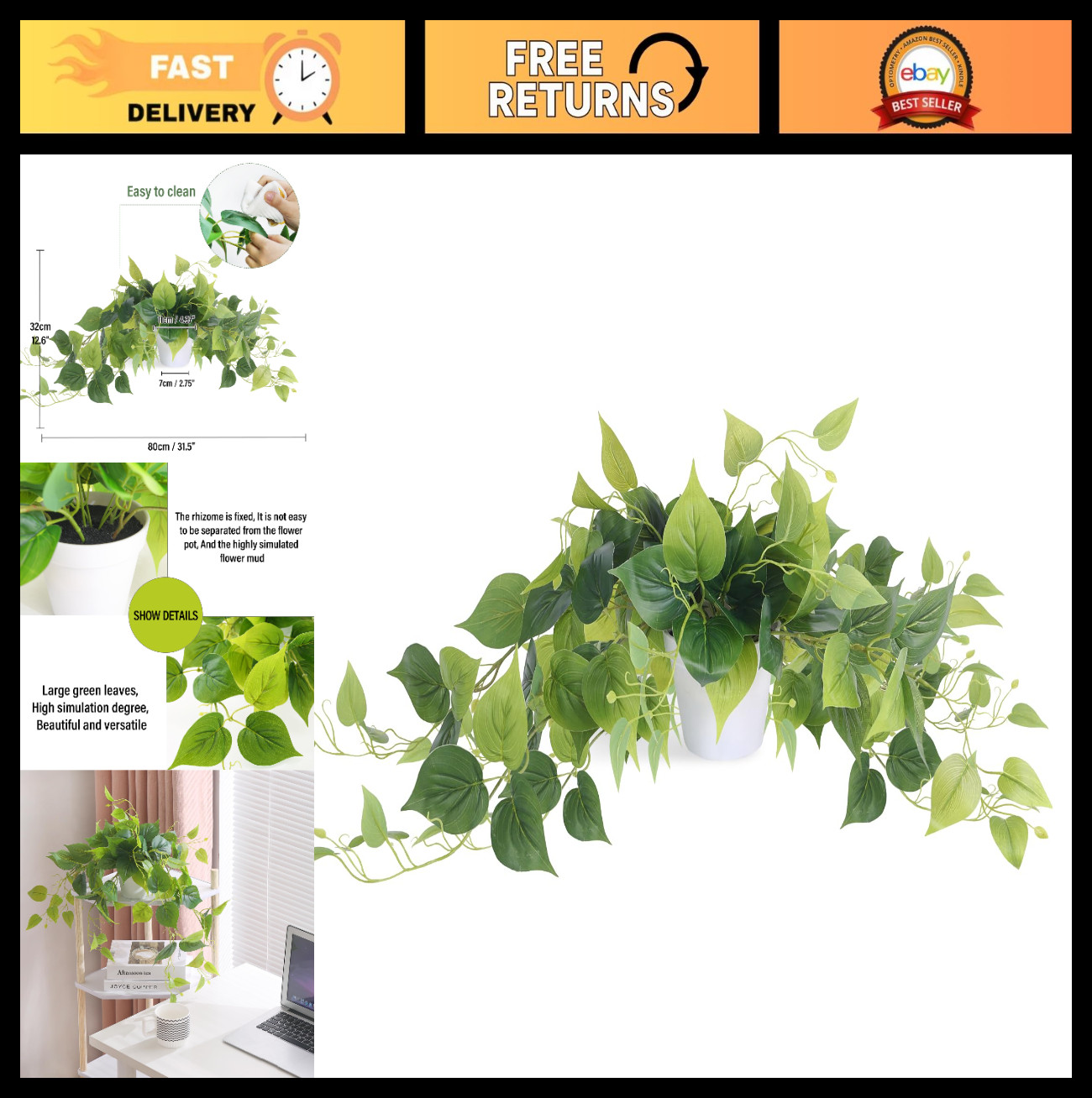Realistic Artificial Pothos Plant in Pot – Perfect Faux Greenery for Desk, Shelf