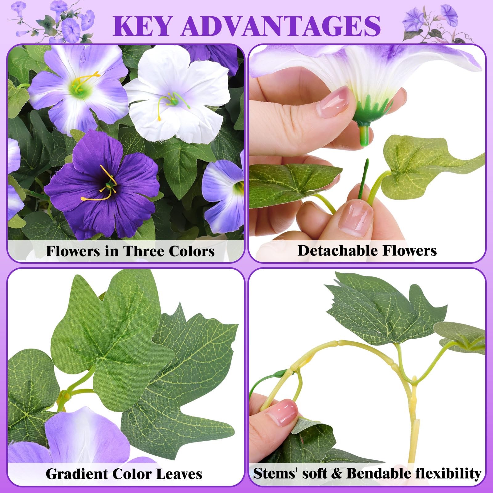 Artificial Flowers for Outdoors, 2 PCS Purple Morning Glory UV Resistant