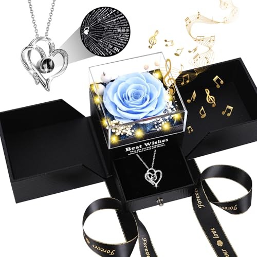 Gifts for Women – Preserved Real Rose with I Love You Heart Necklace, Sky Blue