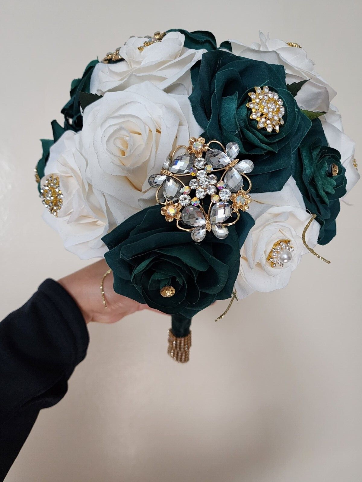Emeral Green & Ivory Luxury Bouquet with Lights for Quinceneras & Weddings