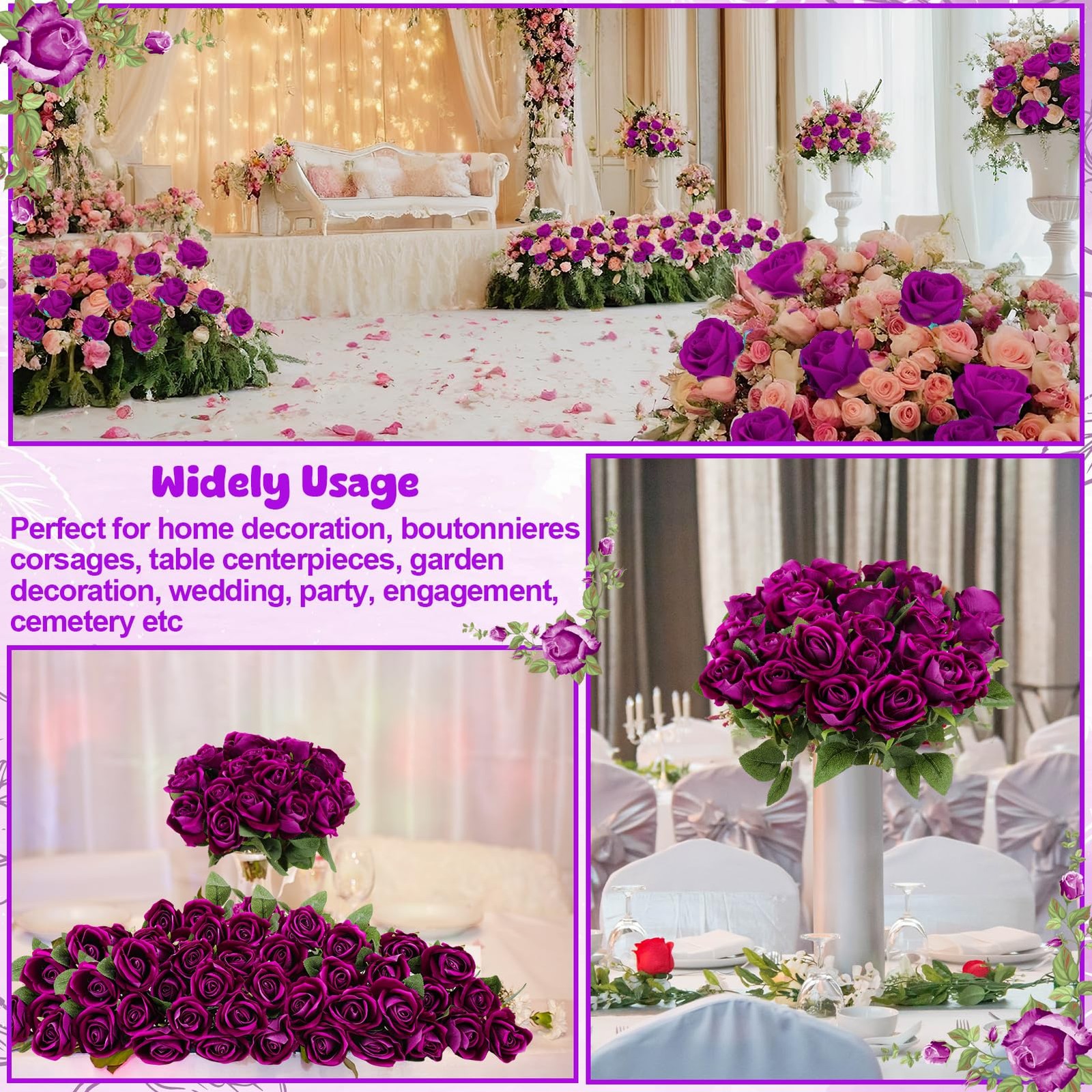 Hoemwarm 36 Pcs Dark Purple Velvet Artificial Flowers, Realistic Fake Roses B…