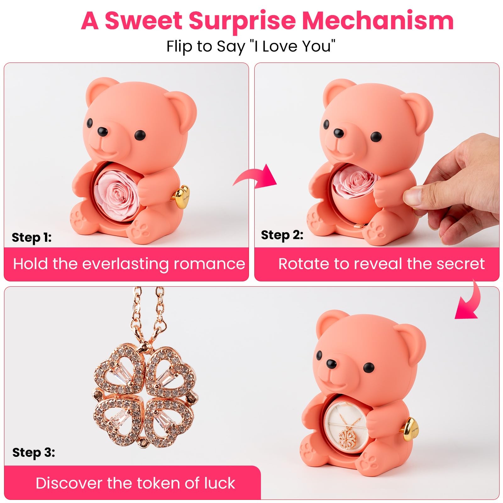 Teddy Bear with Preserved Rose Flower in Bear with Necklace and Box for Women…