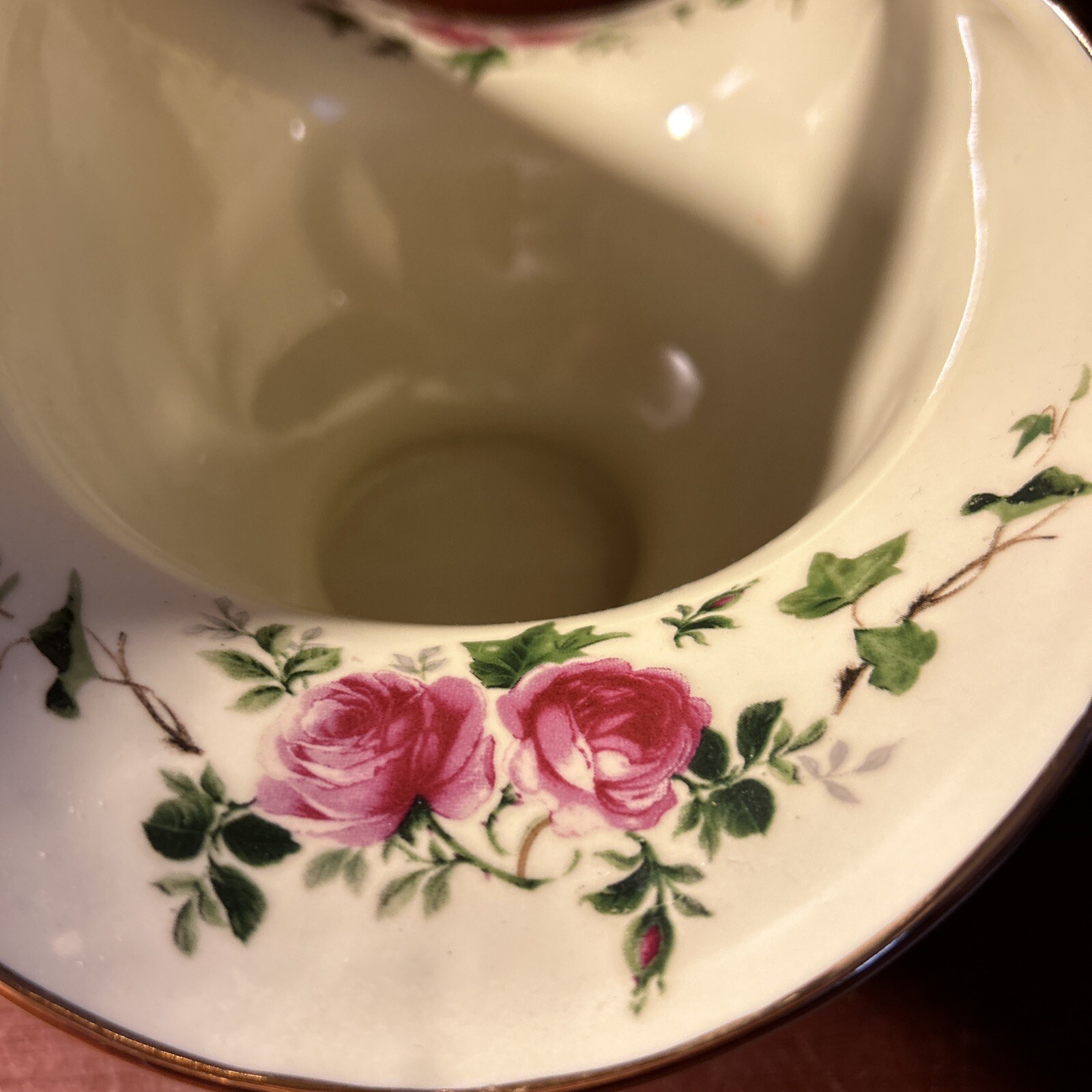 Beautiful Floral Pink Rose And Gold Trimmed Porcelain Basket 11” X 11”