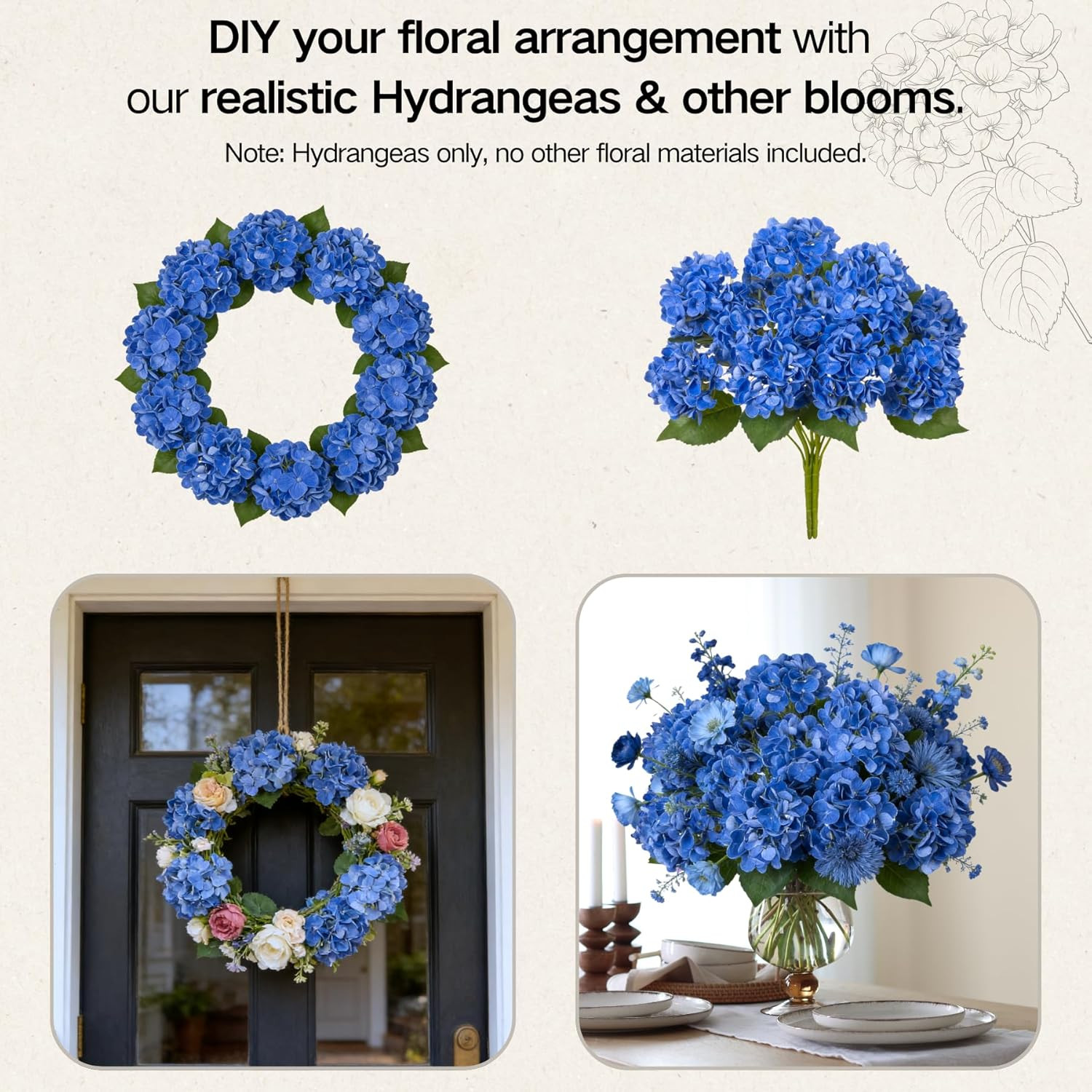 Real Touch Faux Blue Hydrangea Bouquets – 3pcs 18″ for Weddings & Decor