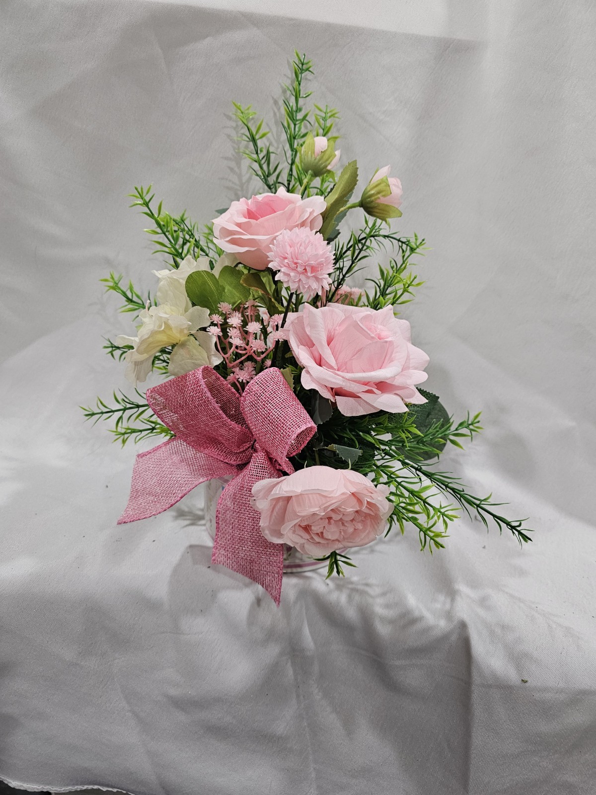 Artificial Flower Arrangement Soft Pink Roses in a beautiful pink & White vase